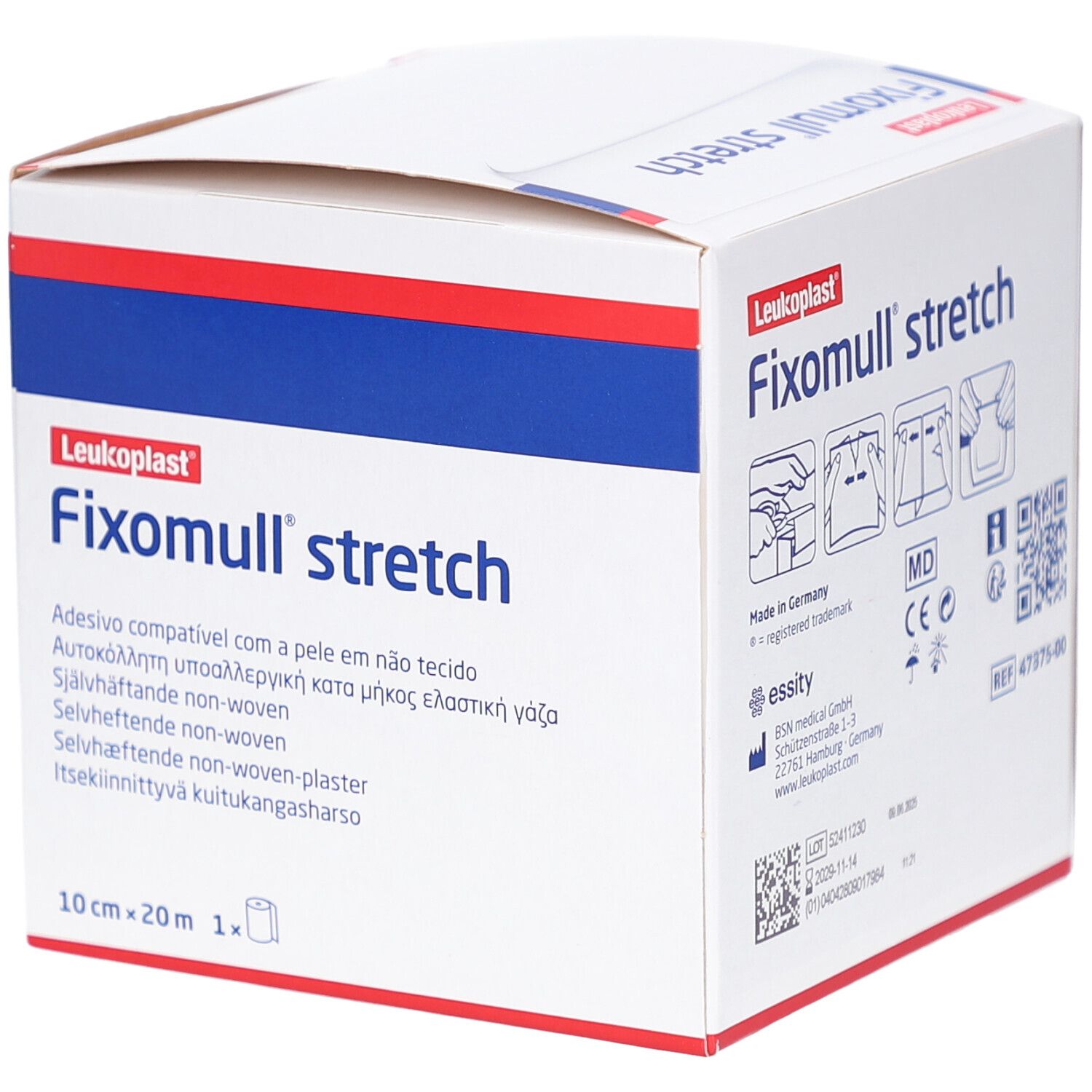 Karton mit Aufschrift Fixomull stretch. Produktname und Größenangabe: 10 cm x 20 m. Mehrsprachige Produktbeschreibung. CE-Kennzeichnung.