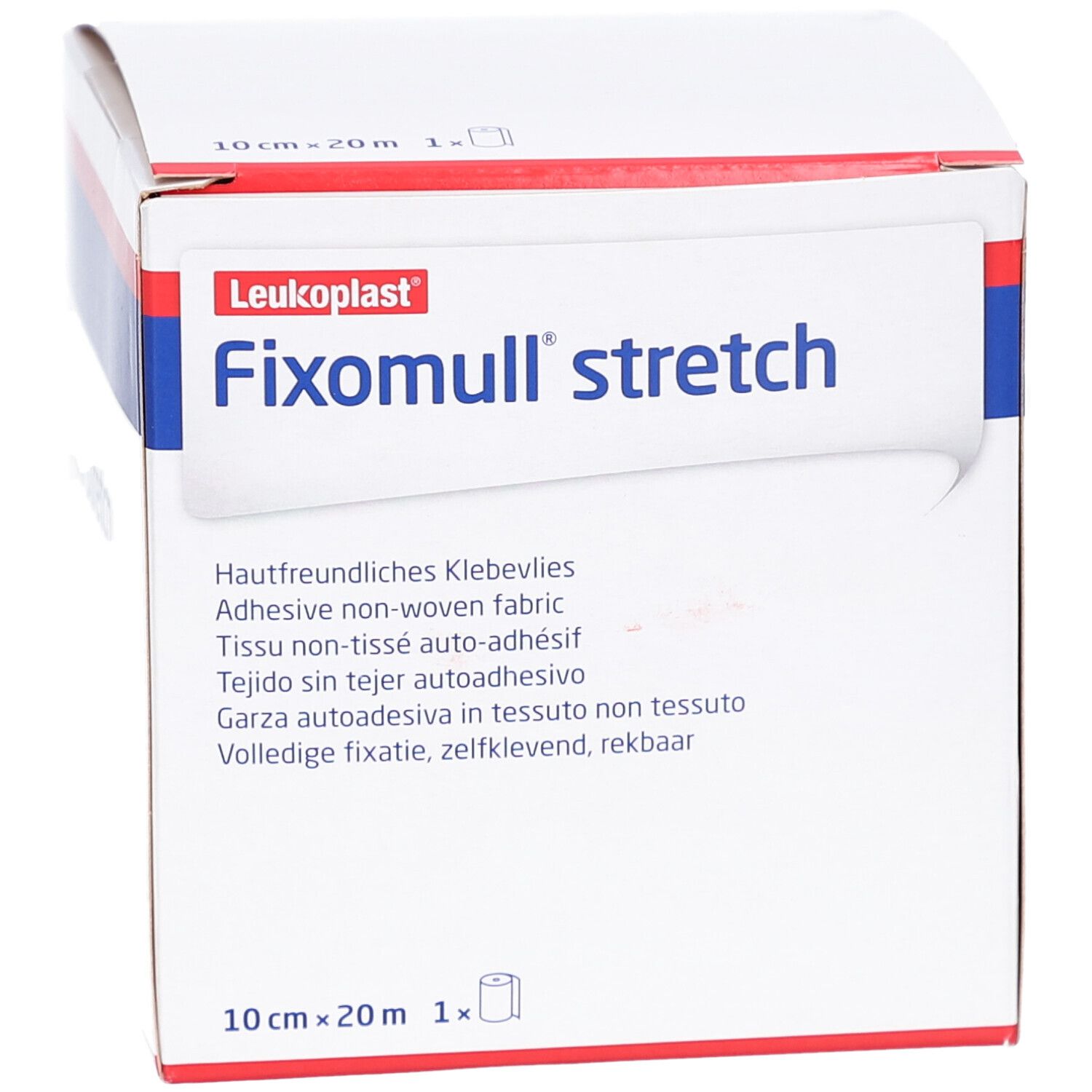 Karton mit Aufschrift Fixomull stretch. Produktname und Größenangabe: 10 cm x 20 m. Mehrsprachige Produktbeschreibung.