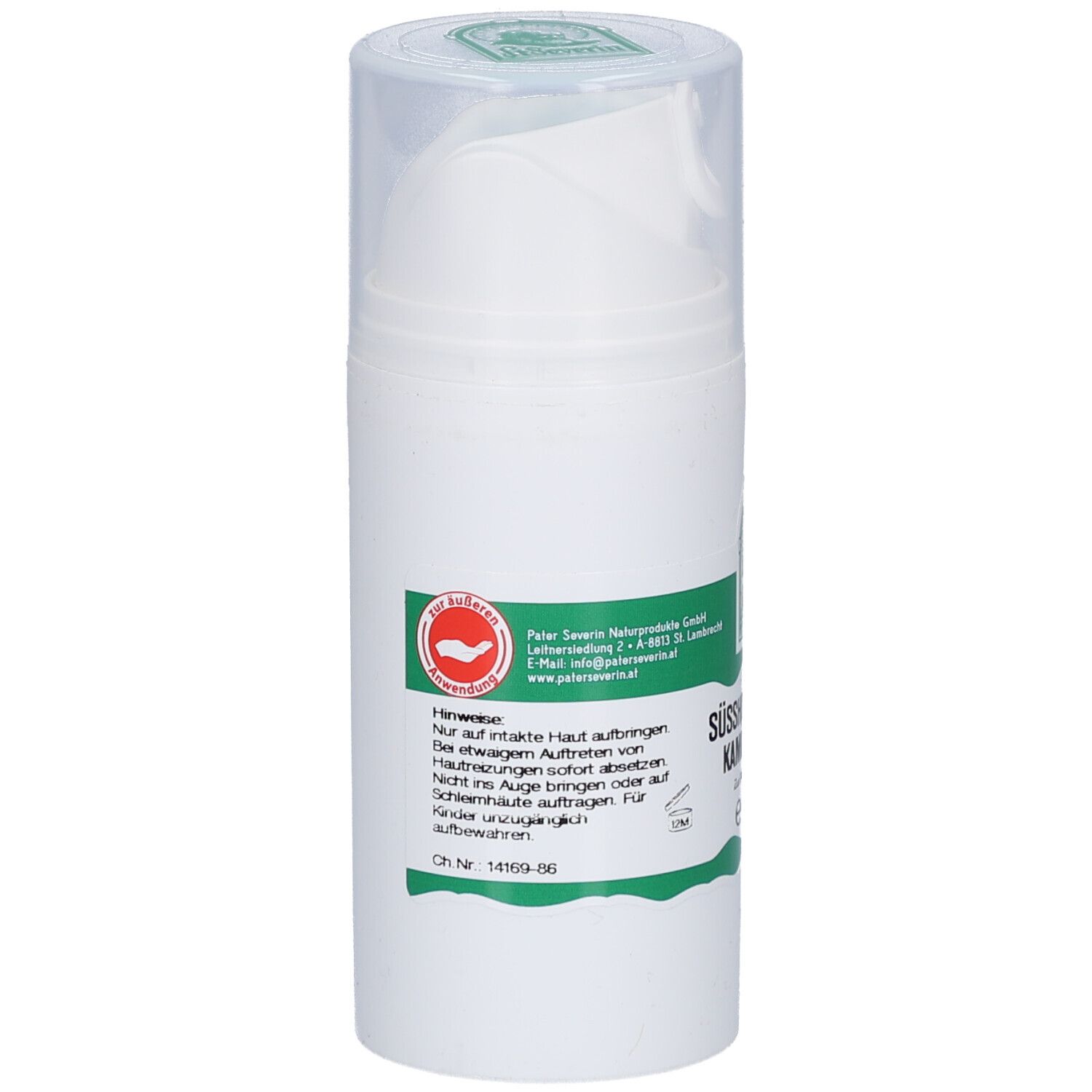 Weiße Salbenflasche mit Pumpkopf. Rückseite mit Text und Logo. Text: Peter Severin Naturprodukte. Logo: Hand mit Blatt.