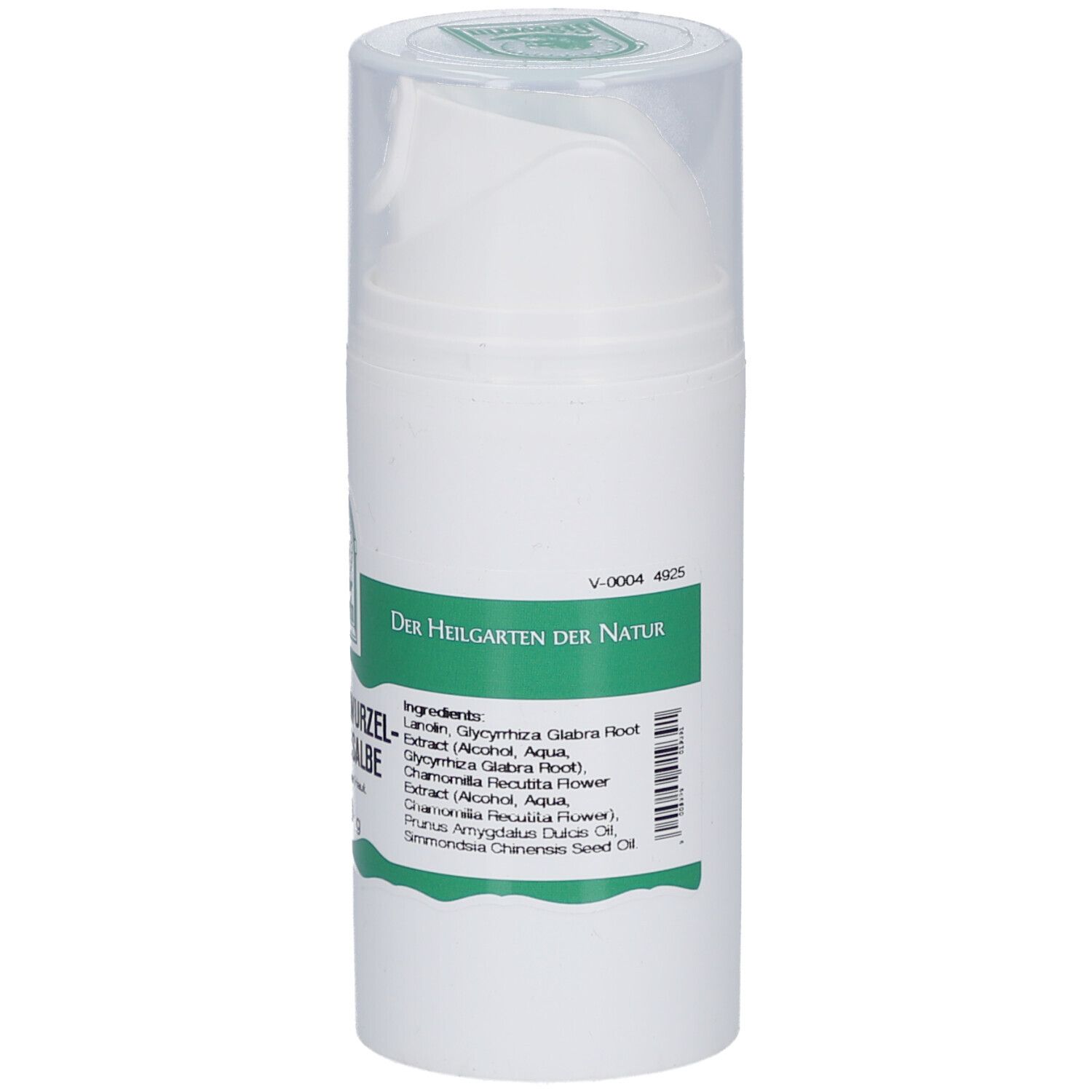 Weiße Salbenflasche mit Pumpkopf. Beschriftung: Süßholzwurzel-Kamille Salbe. Text: Der Heilgarten der Natur. Inhaltsstoffe.