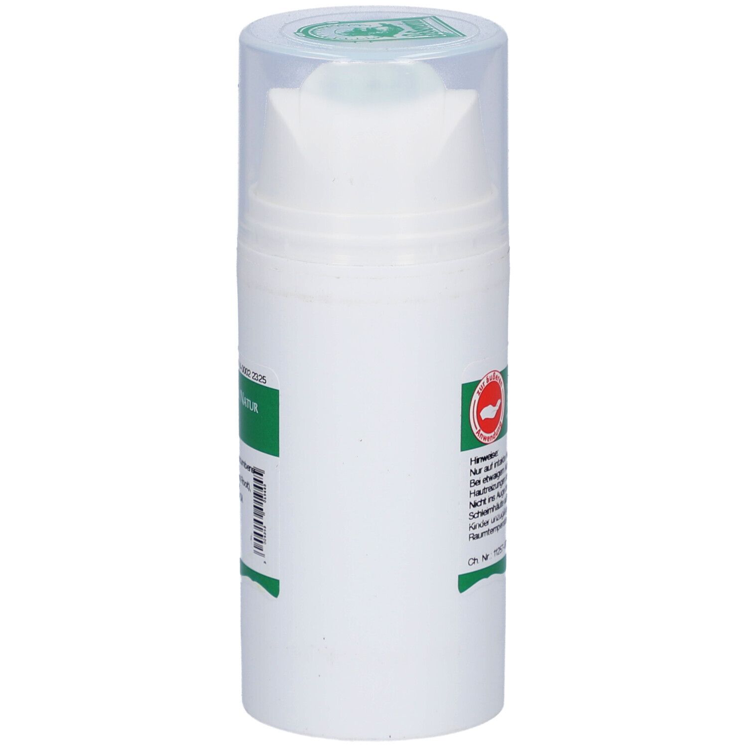 Weiße Salbenflasche mit grünem Etikett. Mit Dosierkopf und transparentem Deckel. Herstellerinformationen und Chargennummer.