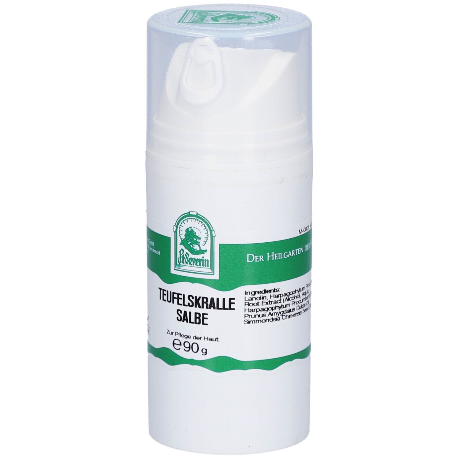 Weiße Salbenflasche mit grünem Etikett. Aufschrift: Teufelskralle Salbe. Mit Dosierkopf und transparentem Deckel. Zutatenliste.
