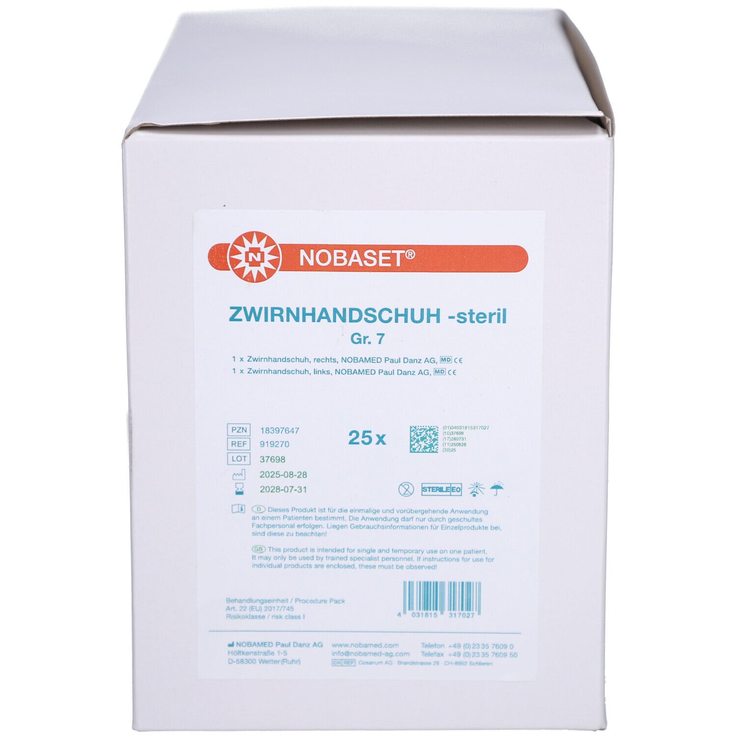 Weiße Verpackung mit Produktbezeichnung NOBASET® Zwirnhandschuh -steril Gr. 7. Enthält 25 Stück. Steril.