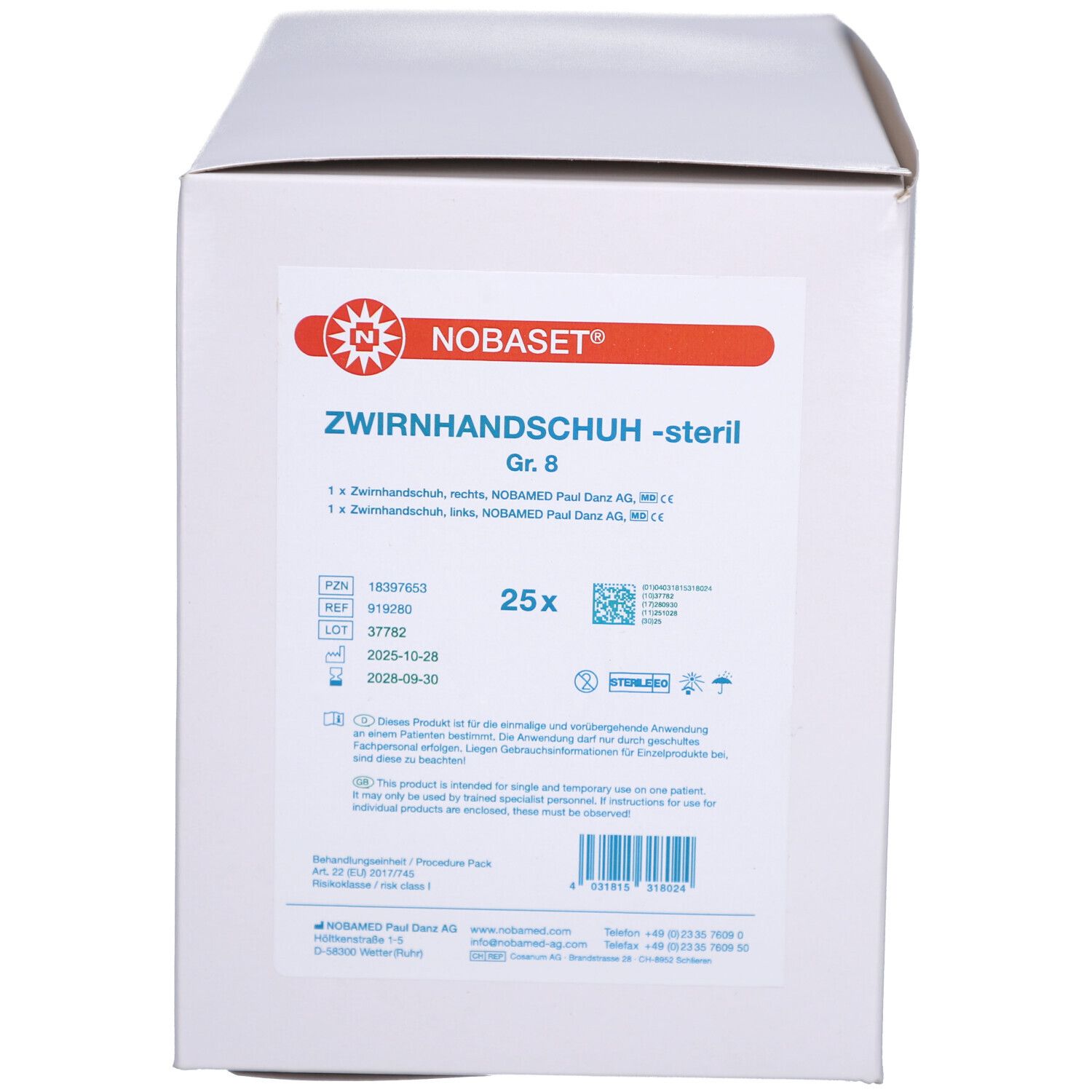 Weiße Verpackung mit rotem Streifen und Aufschrift NOBASET. Text: Zwirnhandschuh -steril Gr. 8, 25 Stück. Sterilisiert.