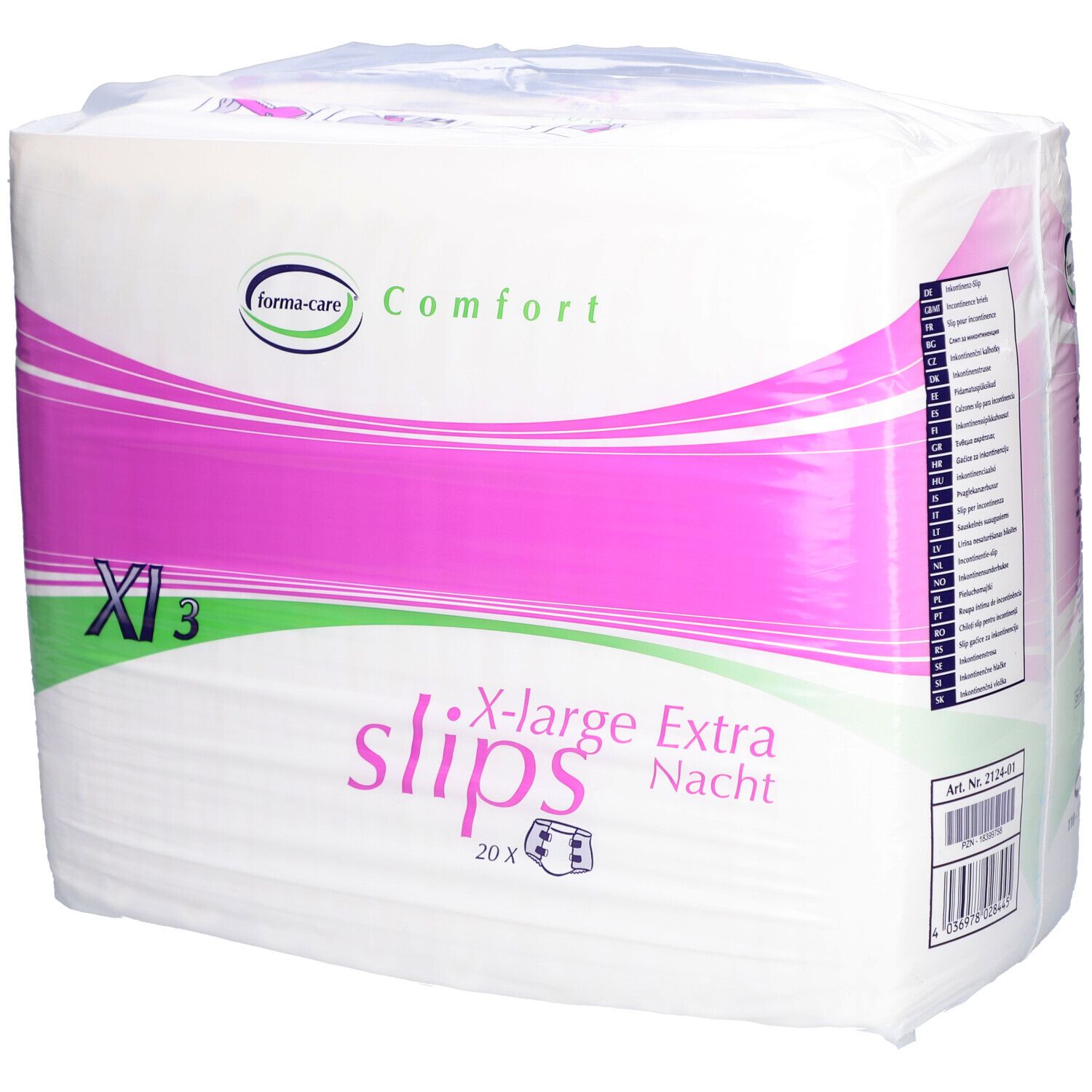 Verpackung forma-care® Comfort Slips XL3. Rosa-weiße Verpackung mit Produktbezeichnung und Logo. 20 Stück.