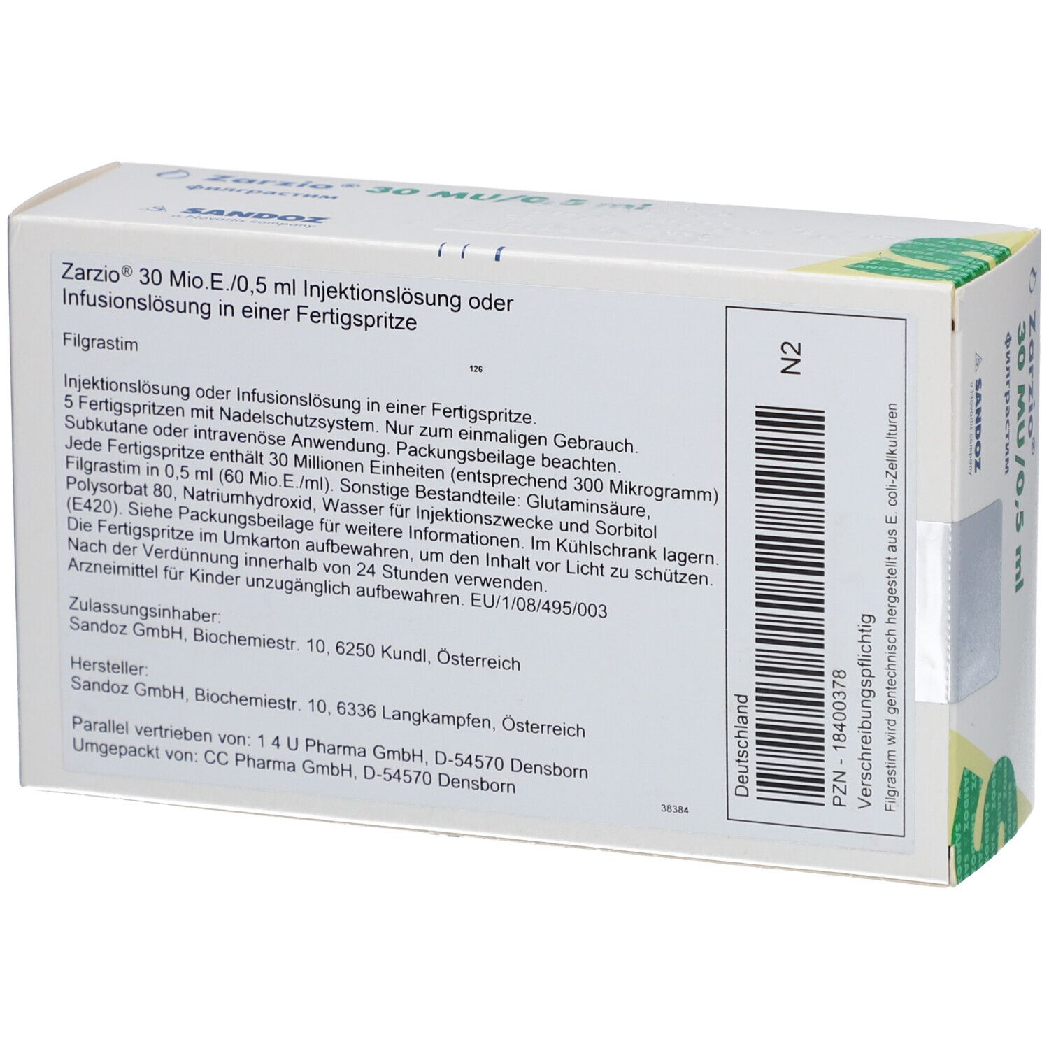 Zarzio 30 Mio.E./0,5 ml Packung. Rückseite mit Text. Hersteller: Sandoz. Enthält 5 Fertigspritzen. Barcode.