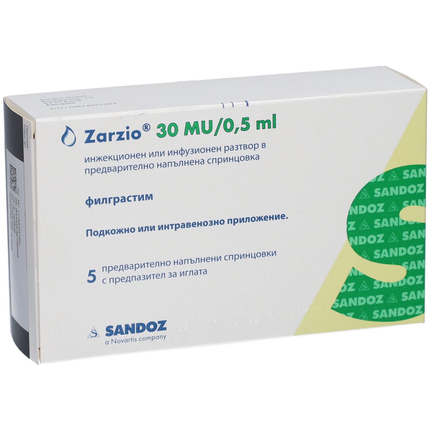 Zarzio 30 MU/0,5 ml Packung. Enthält 5 Fertigspritzen mit Nadelschutz. Sandoz-Logo.