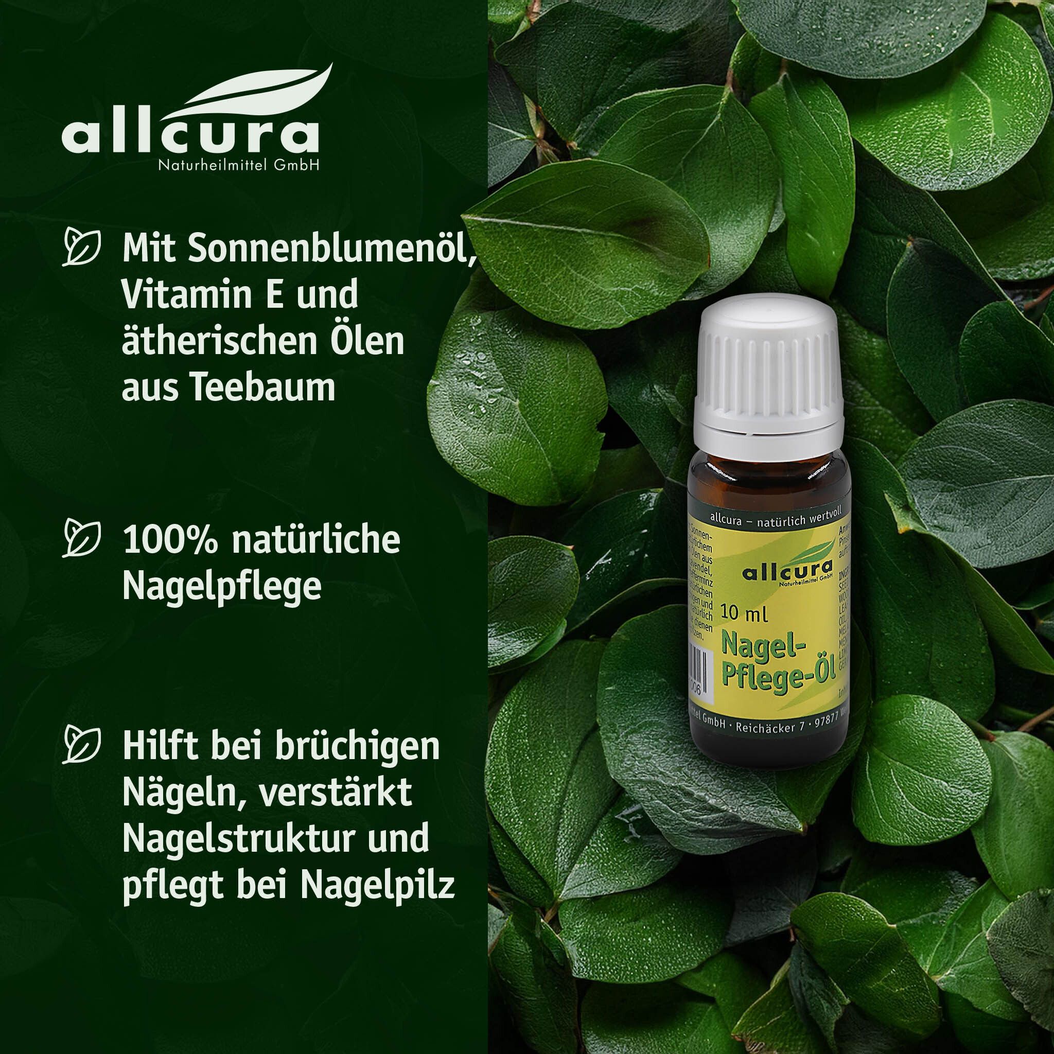 Produktflasche vor grünem Hintergrund. Aufschrift: allcura Nagel-Pflege-Öl, 10 ml. Text: 100% natürliche Nagelpflege.