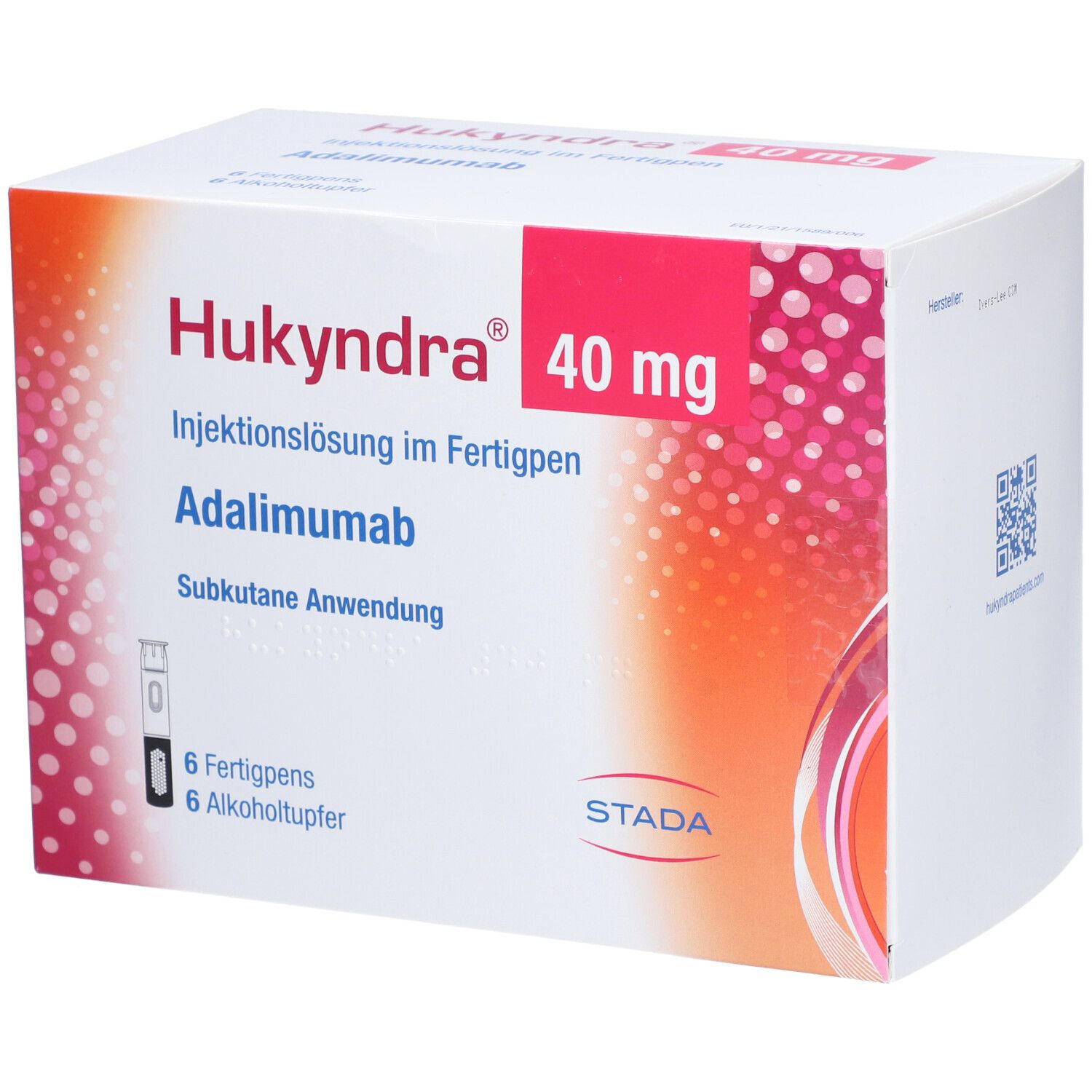 Verpackung von Hukyndra 40 mg Injektionslösung im Fertigpen. Enthält 6 Fertigpens und Alkoholtupfer. STADA Logo.