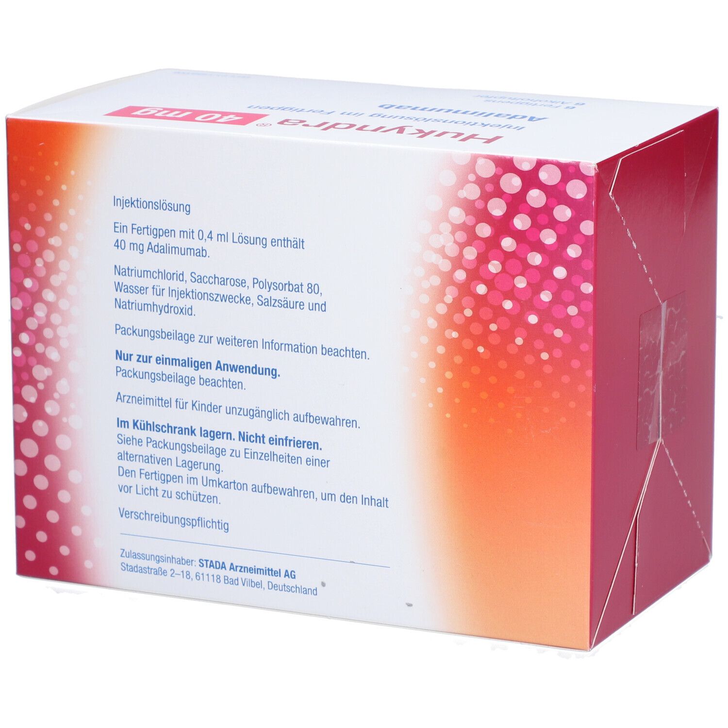 Rückseite der Hukyndra 40 mg Verpackung. Enthält Informationen zur Injektionslösung, Inhaltsstoffe und Anwendungshinweise.