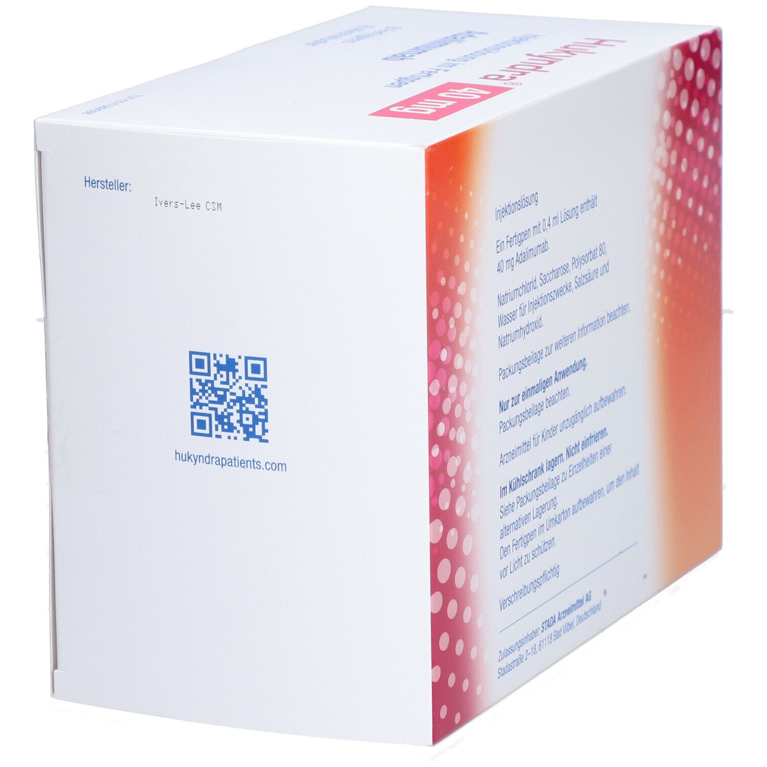 Rückseite der Hukyndra 40 mg Verpackung. Herstellerinformationen und QR-Code. Website-Adresse: hukyndra.com.