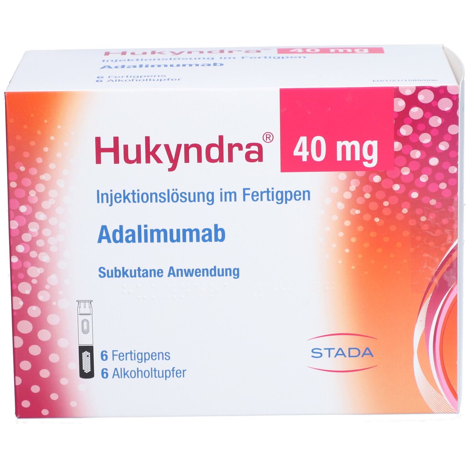 Hukyndra 40 mg Verpackung. Enthält 6 Fertigpens und Alkoholtupfer. Injektionslösung im Fertigpen. STADA Logo.
