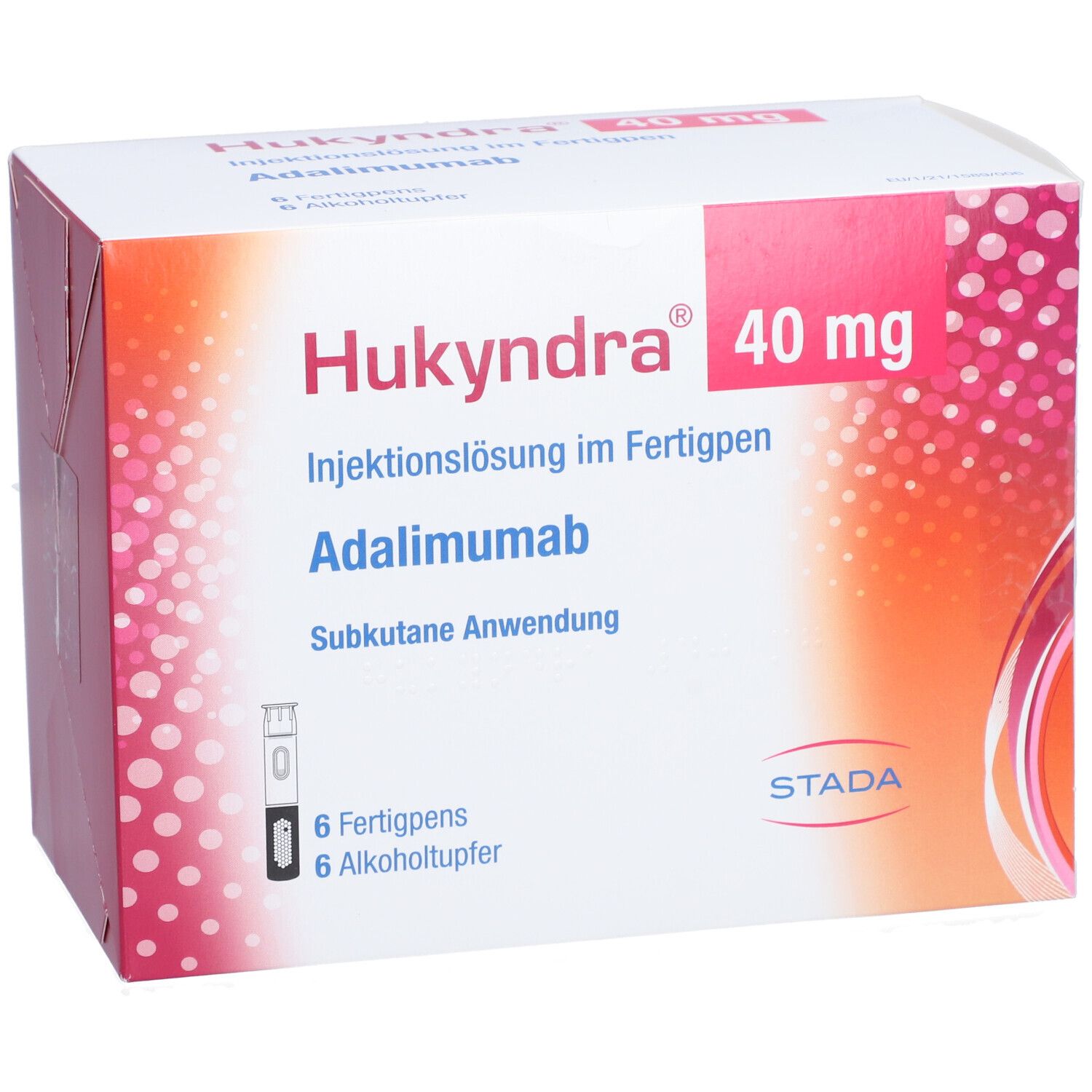 Hukyndra 40 mg Verpackung. Enthält 6 Fertigpens und Alkoholtupfer. Injektionslösung im Fertigpen. STADA Logo.