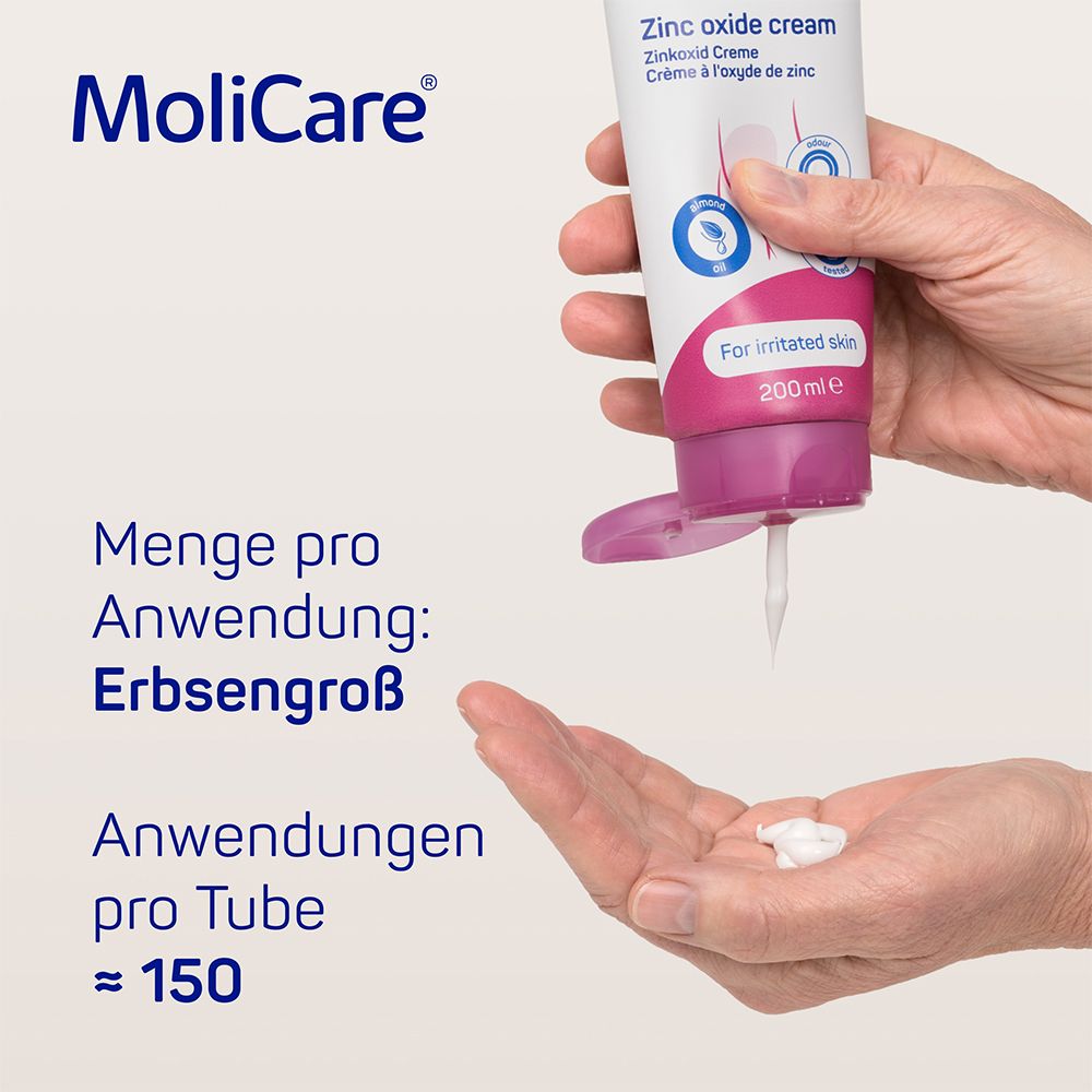 Tube MoliCare Skin Zinkoxid Creme. Creme wird aus der Tube gedrückt. Text: Menge pro Anwendung: Erbsengroß. Ca. 150 Anwendungen.