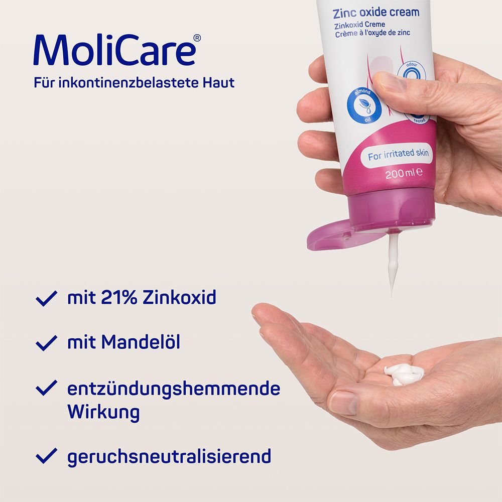 Tube MoliCare Skin Zinkoxid Creme. Text: Mit 21% Zinkoxid, mit Mandelöl, entzündungshemmende Wirkung, geruchsneutralisierend.