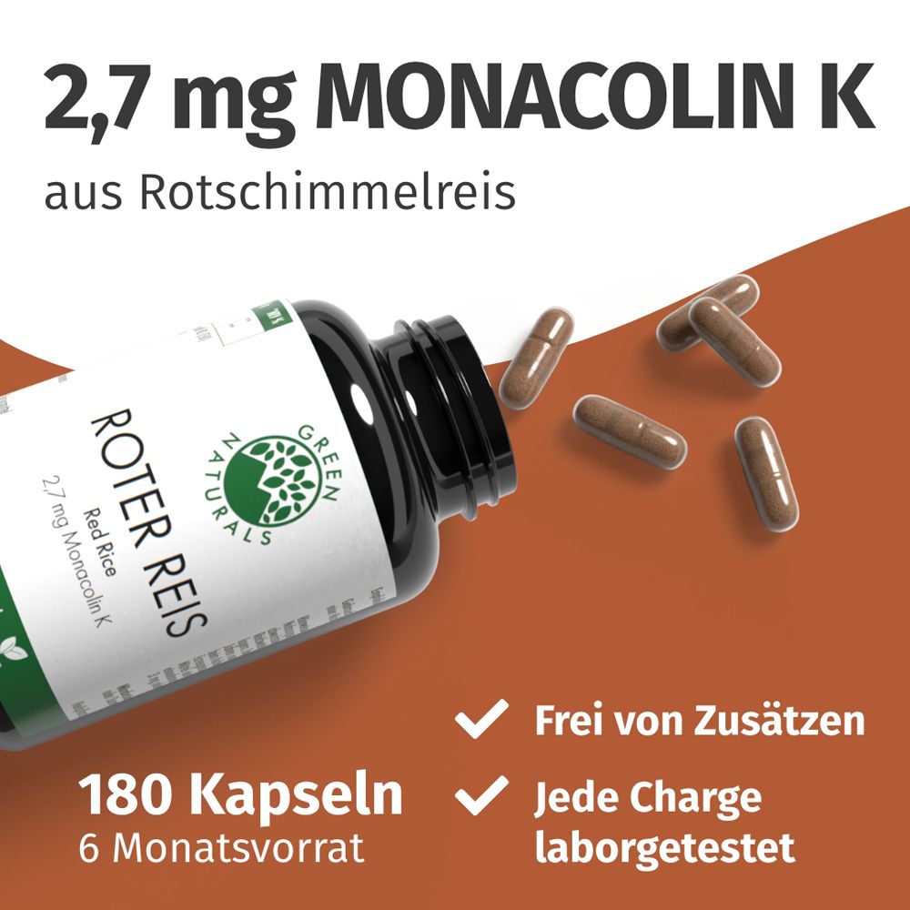 Grüne Naturals Roter Reis Kapseln, 180 Stück, 2,7 mg Monacolin K pro Kapsel.