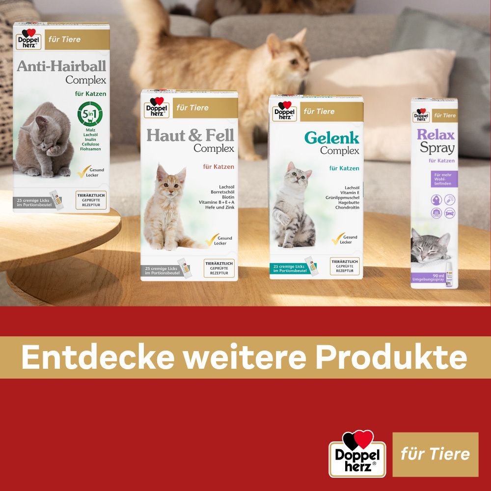 Weitere Produkte für Katzen. Anti-Haarballen, Haut & Fell, Gelenk, Relax Spray. Verpackungen.