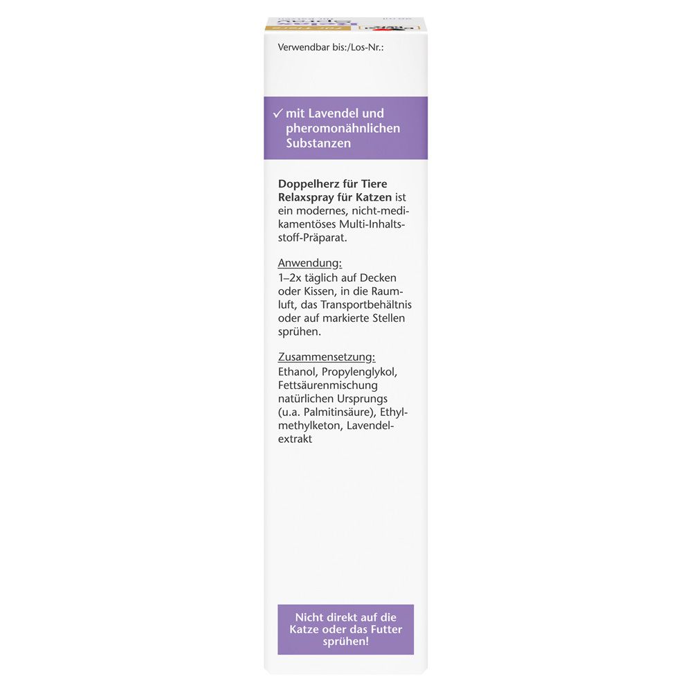 Rückseite der Verpackung. Inhaltsstoffe: Lavendel, Pheromonähnliche Substanzen. Anwendung.