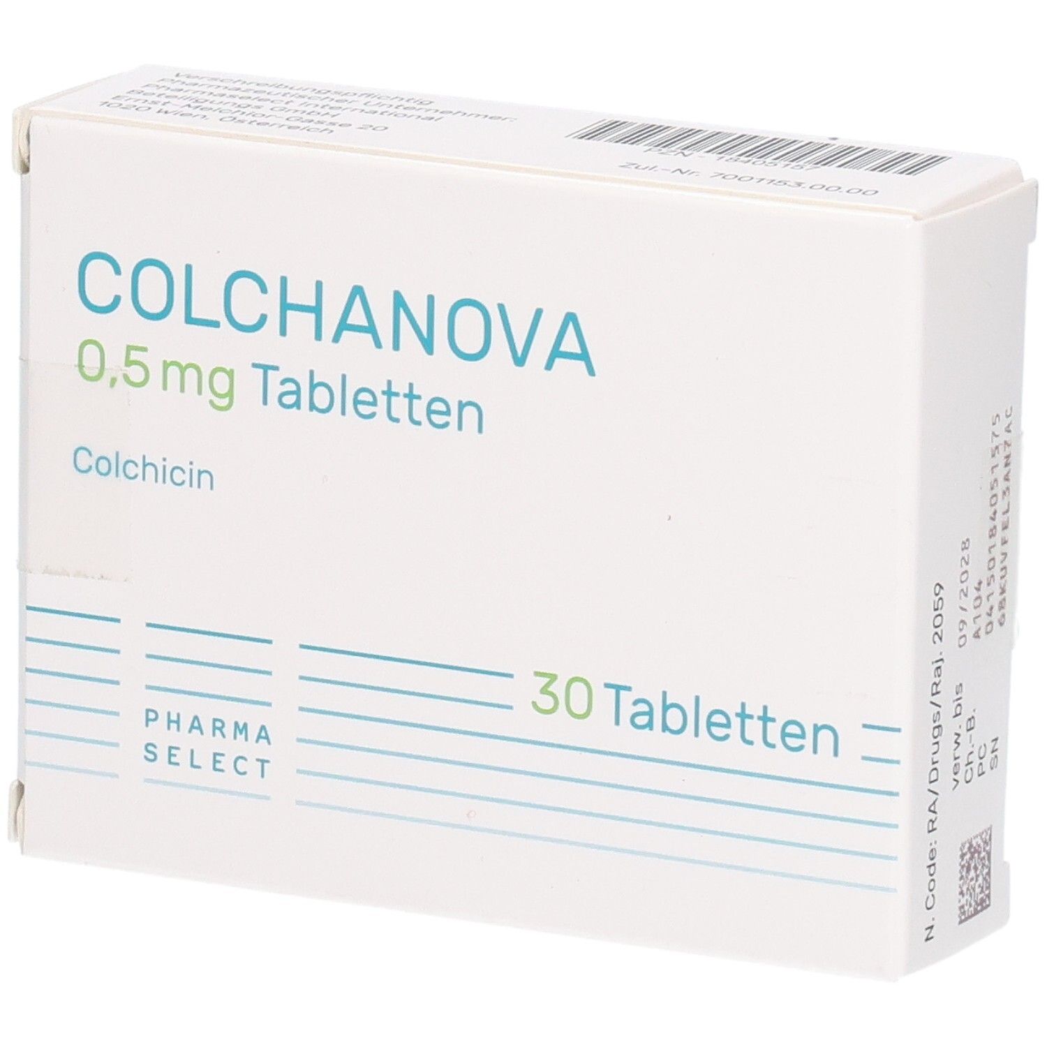 Schachtel COLCHANOVA 0,5 mg Tabletten. Aufschrift: 30 Tabletten, Pharma Select. Enthält Colchicin.