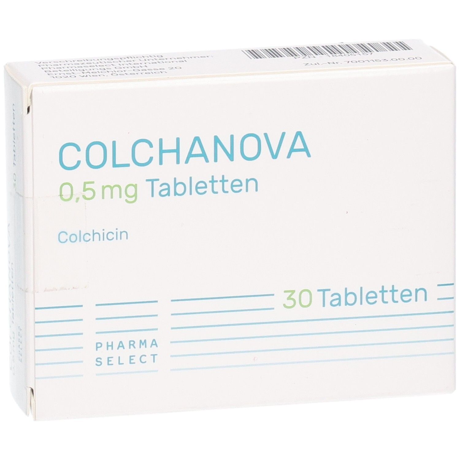 Schachtel COLCHANOVA 0,5 mg Tabletten. Aufschrift: 30 Tabletten, Pharma Select. Enthält Colchicin.