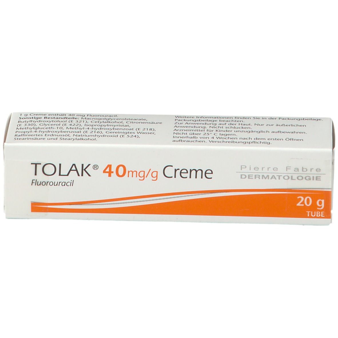 Creme-Tube TOLAK 40mg/g, Fluorouracil. Weiße Tube mit orangefarbenem Streifen. 20g. Pierre Fabre Dermatologie.
