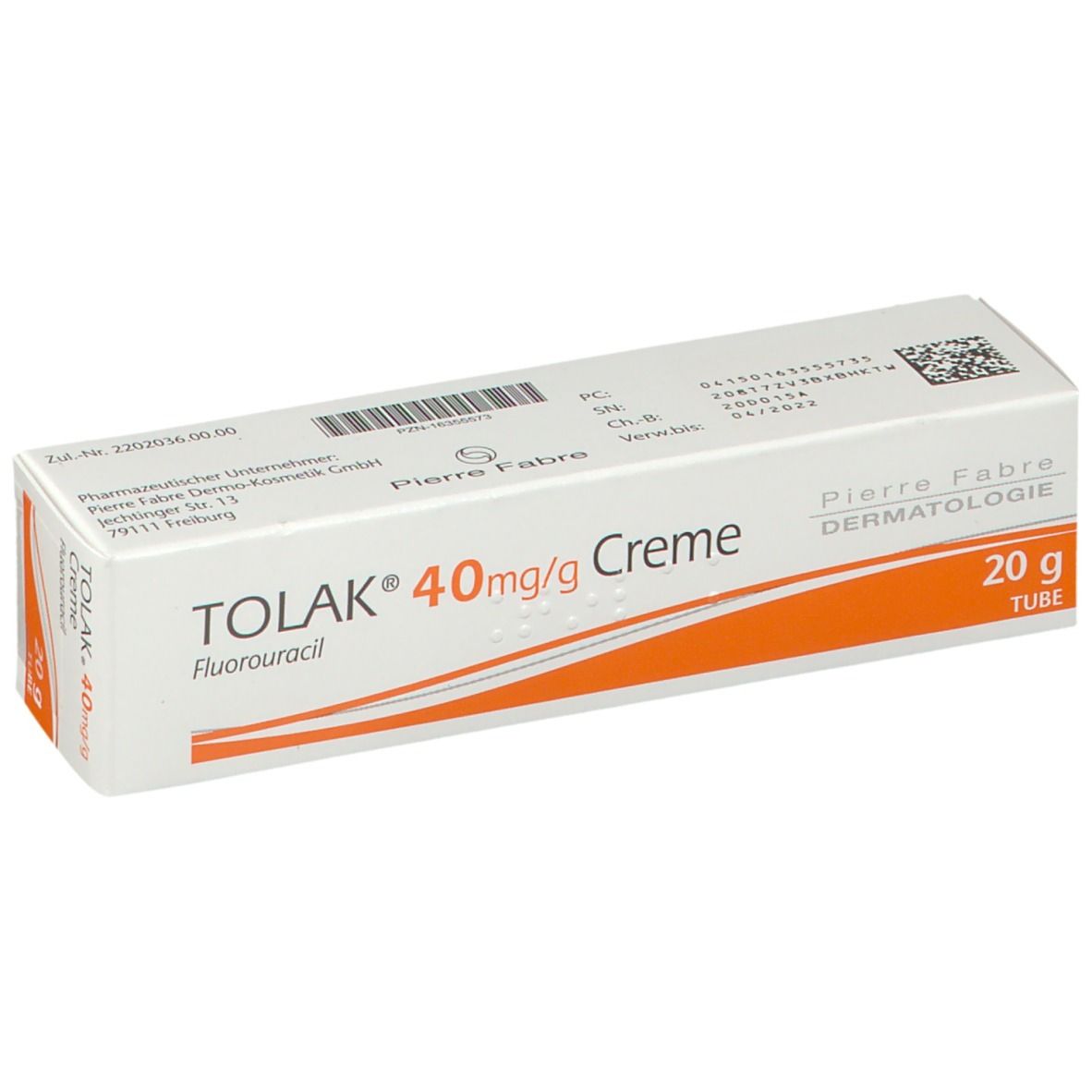 Verpackung TOLAK 40mg/g Creme, Fluorouracil. Weiße Schachtel mit orangefarbenem Streifen. 20g. Pierre Fabre Dermatologie.