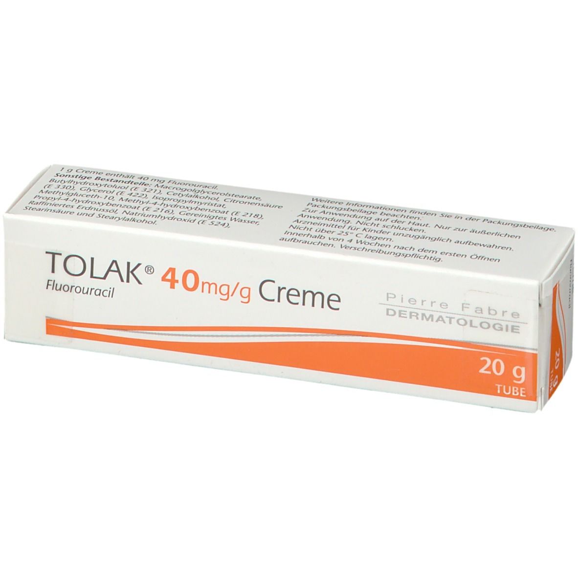 Verpackung TOLAK 40mg/g Creme, Fluorouracil. Weiße Schachtel mit orangefarbenem Streifen. 20g. Pierre Fabre Dermatologie.