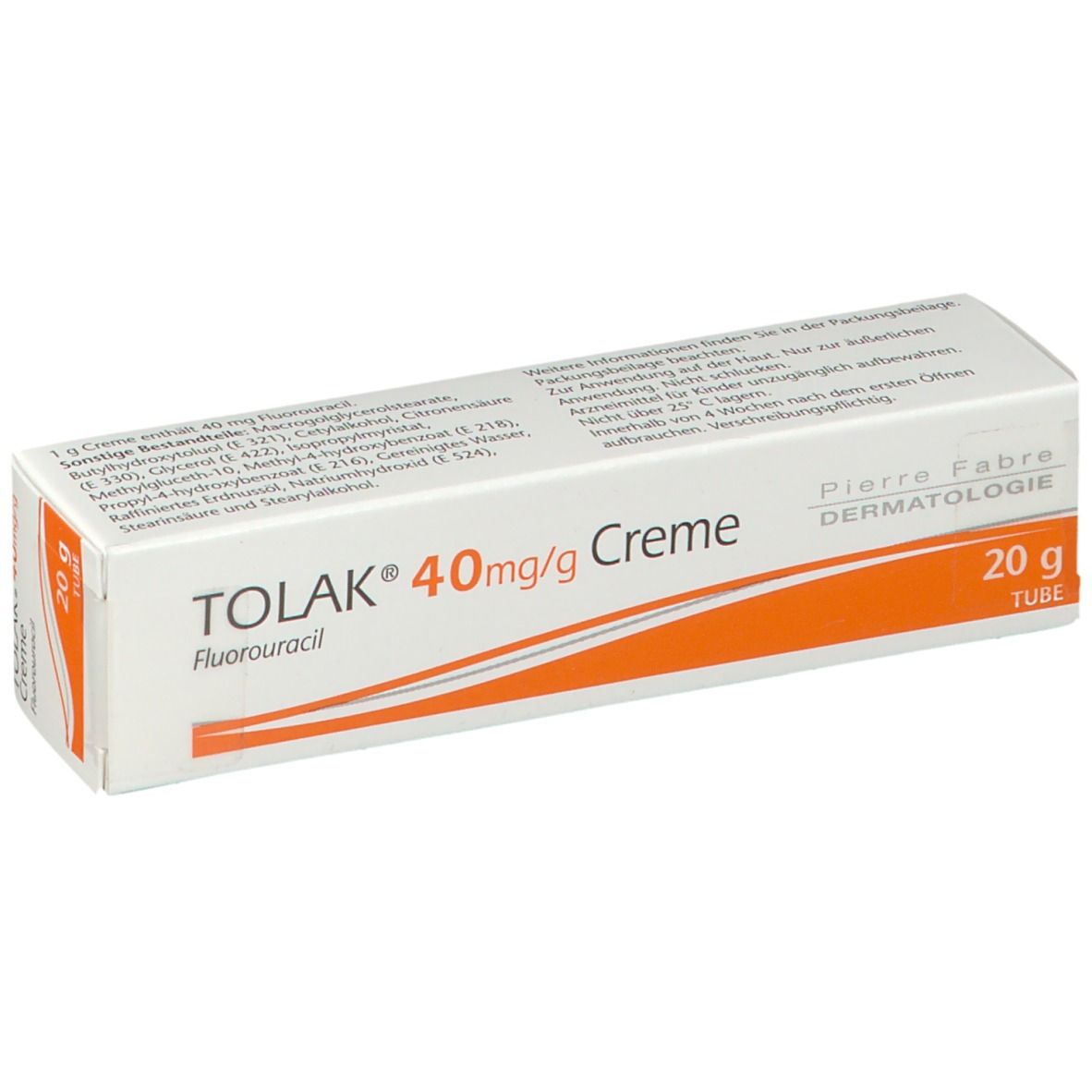 Verpackung TOLAK 40mg/g Creme, Fluorouracil. Weiße Schachtel mit orangefarbenem Streifen. 20g. Pierre Fabre Dermatologie.