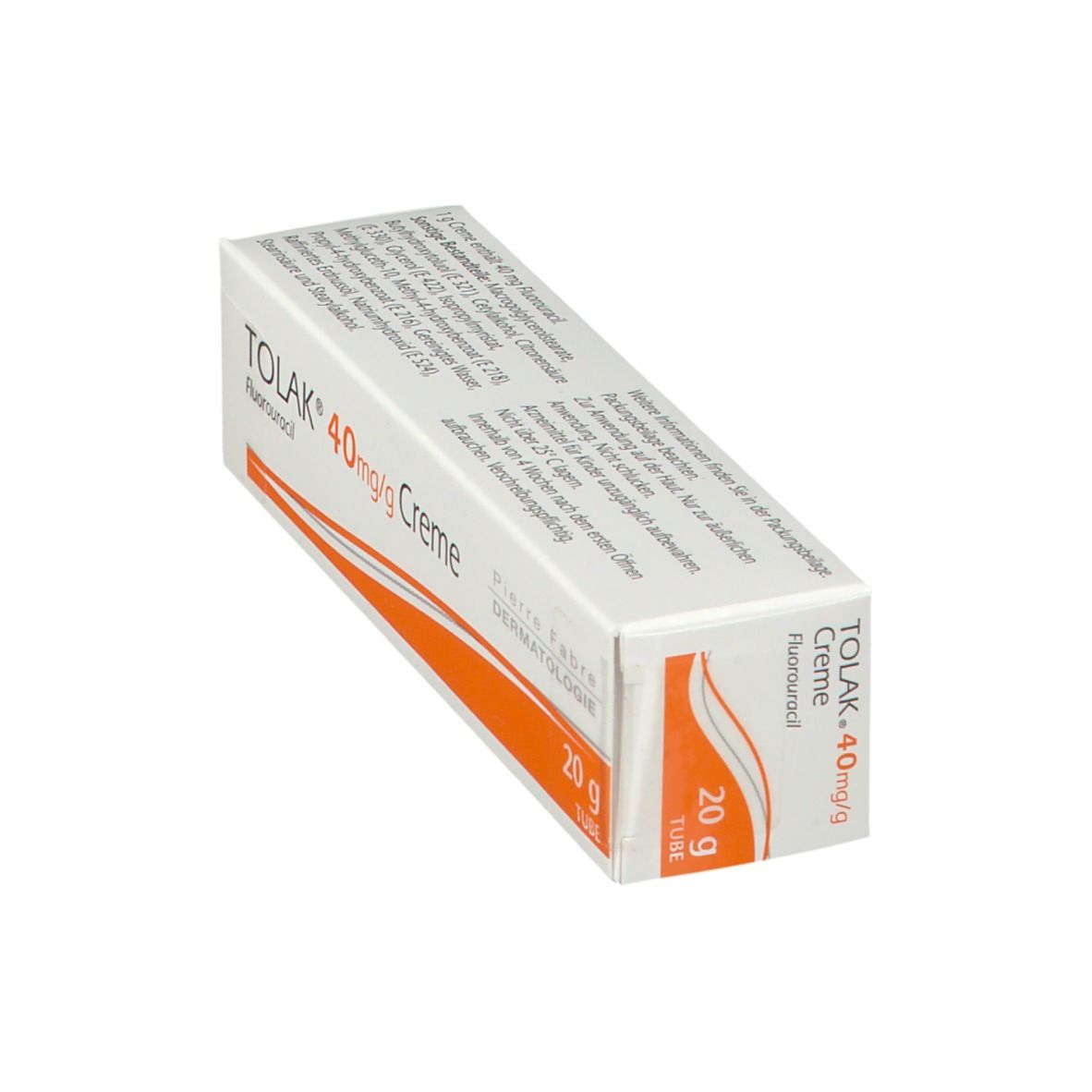 Verpackung TOLAK 40mg/g Creme, Fluorouracil. Weiße Schachtel mit orangefarbenem Streifen. 20g. Pierre Fabre Dermatologie.