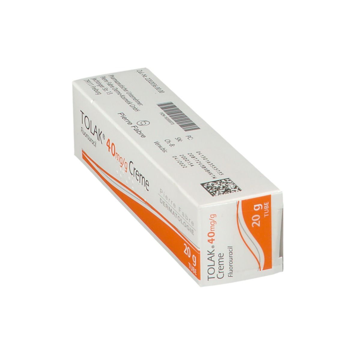 Verpackung TOLAK 40mg/g Creme, Fluorouracil. Weiße Schachtel mit orangefarbenem Streifen. 20g. Pierre Fabre Dermatologie.