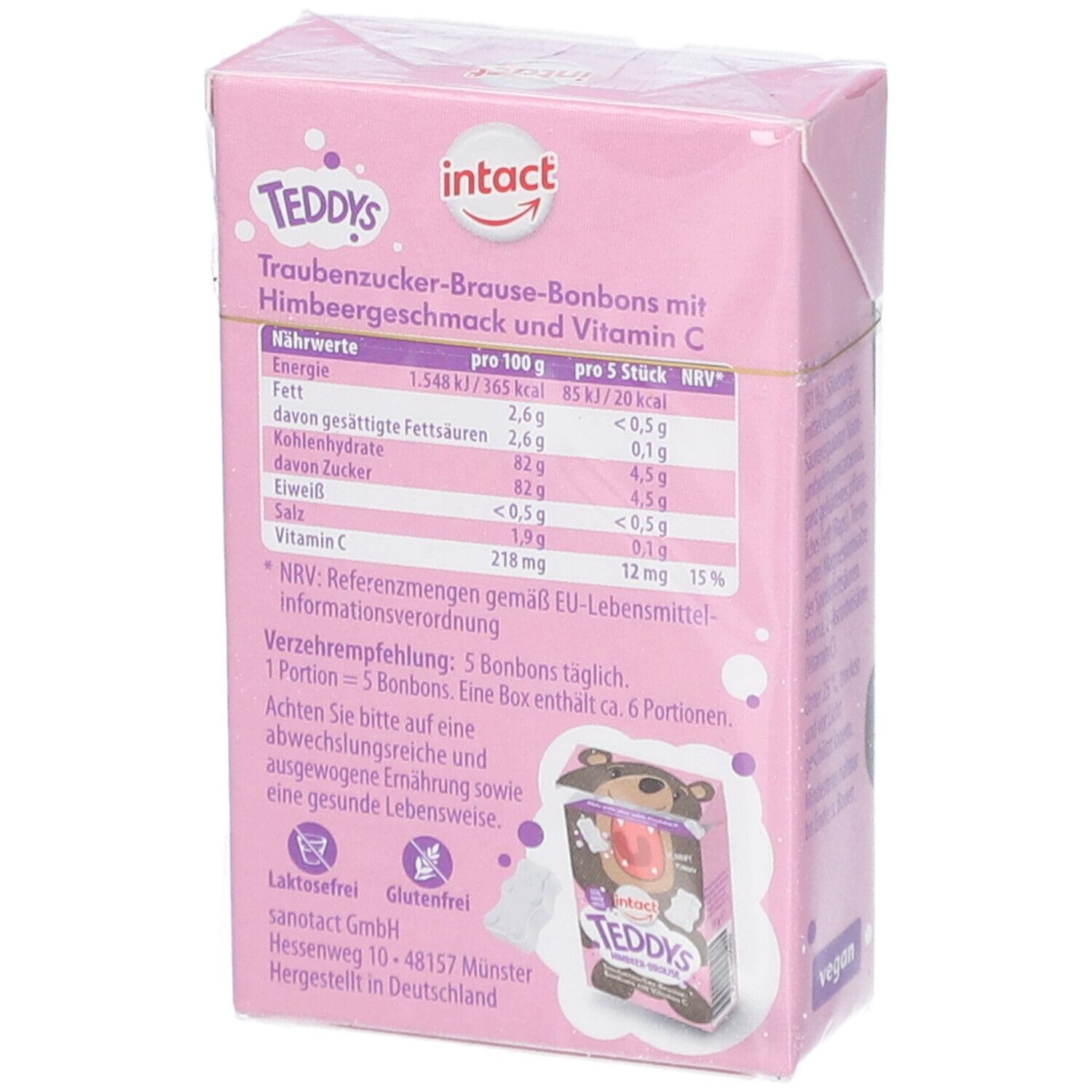 intact Teddys Himbeer-Brause – Traubenzucker-Bonbons mit Vitamin C