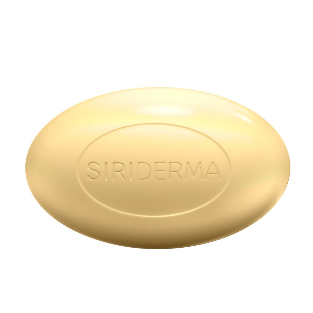 Ovale Seife mit SIRIDERMA-Schriftzug. Helle Farbe, glatte Oberfläche. Produktname ist eingeprägt.