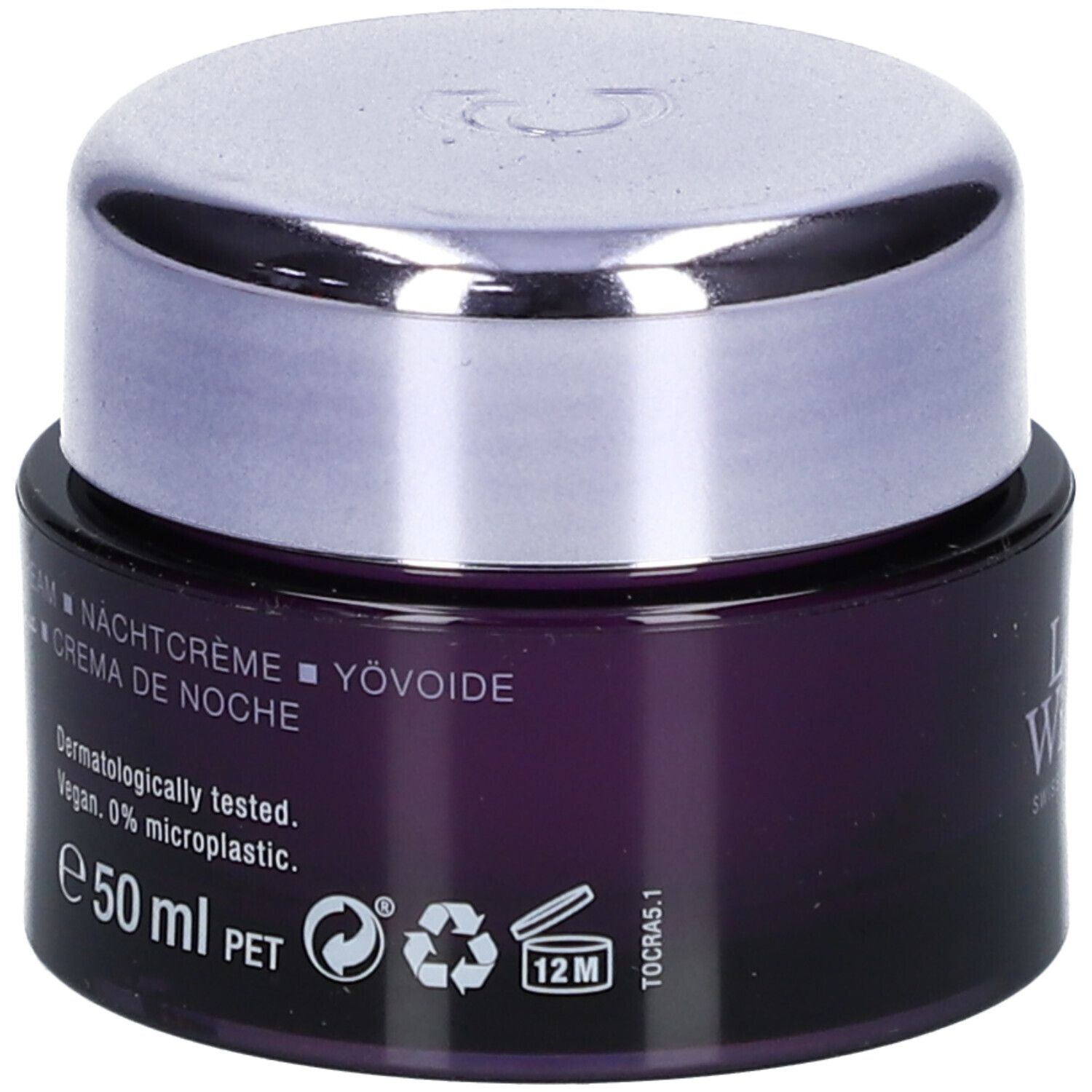 Dunkelviolettes Tiegel mit silbernem Deckel. Aufschrift: Nachtcrème, Yövoide, e 50 ml, Louis Widmer. Vegan, 0% Mikroplastik.