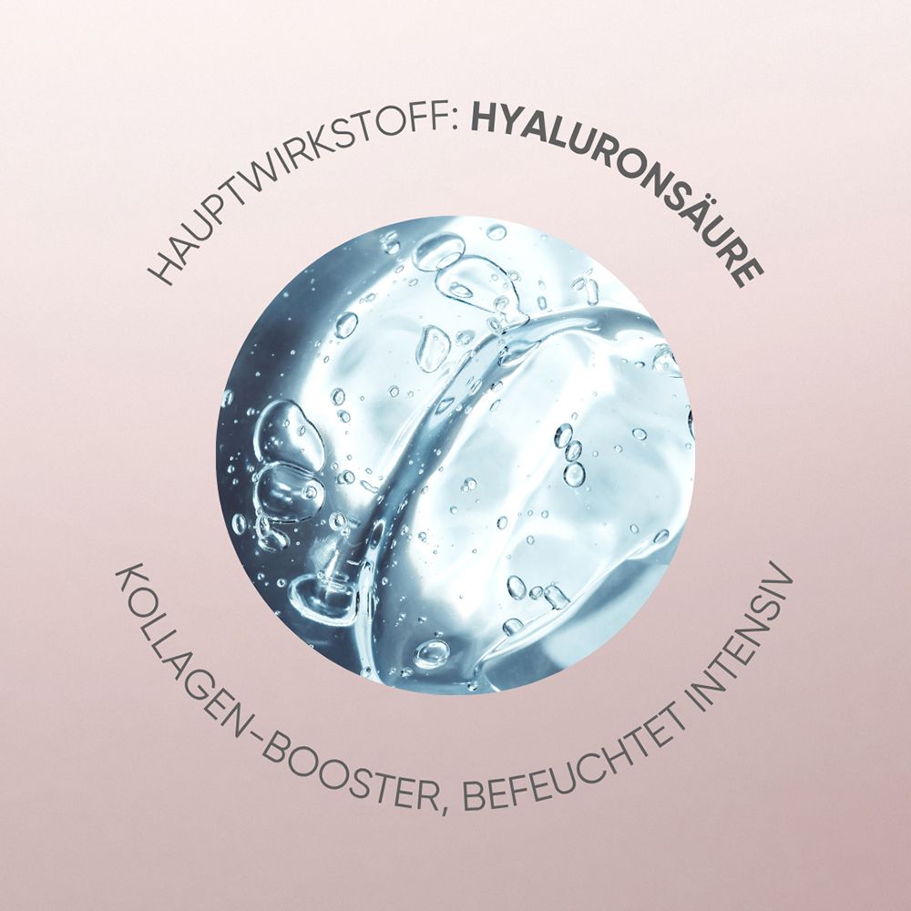Grafik mit Hyaluronsäure-Molekül und Text über Kollagen-Booster und Feuchtigkeit.