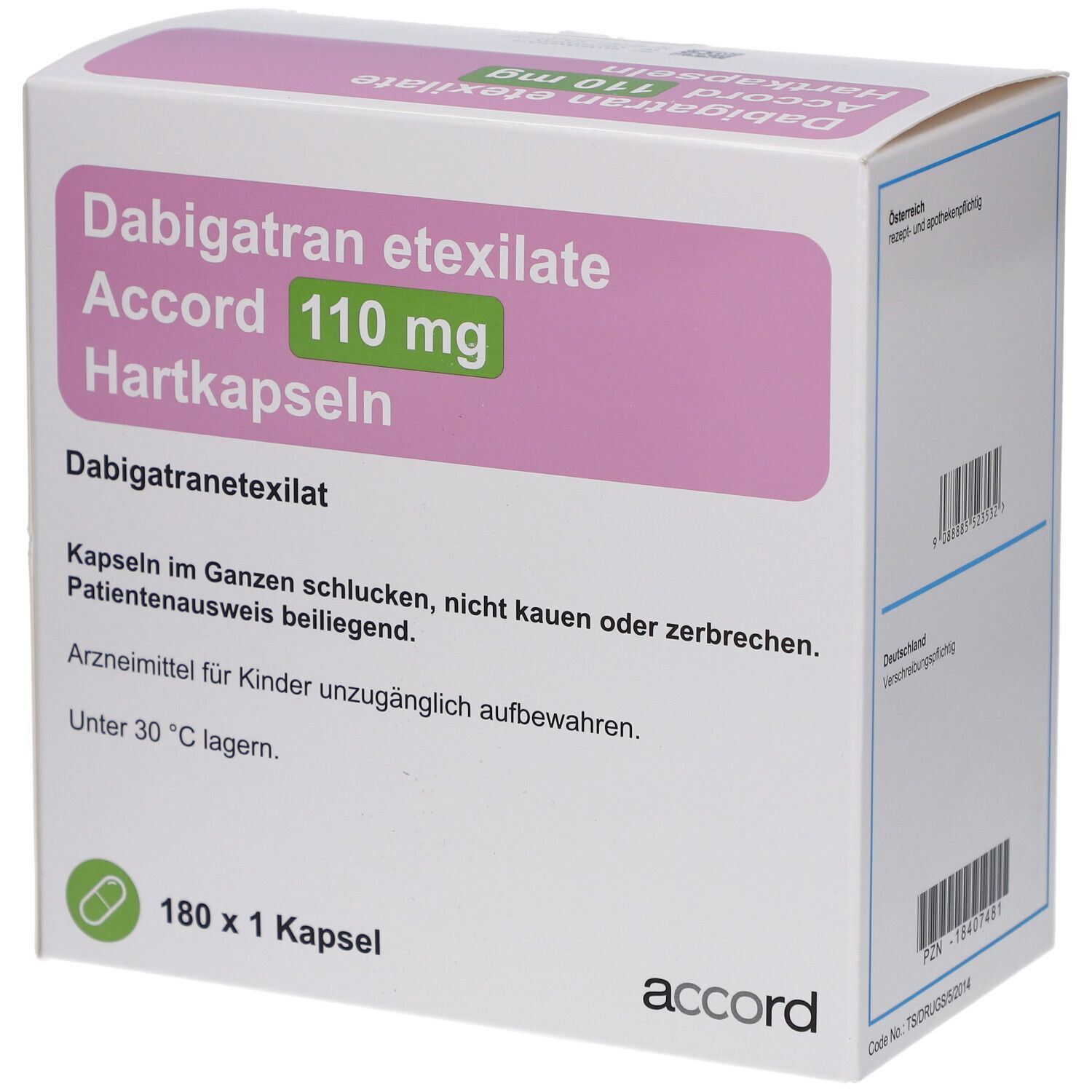 Dabigatran etexilate Accord 110 mg Hartkapseln. Weiße Schachtel mit rosa Akzenten. Text und Logo von Accord.