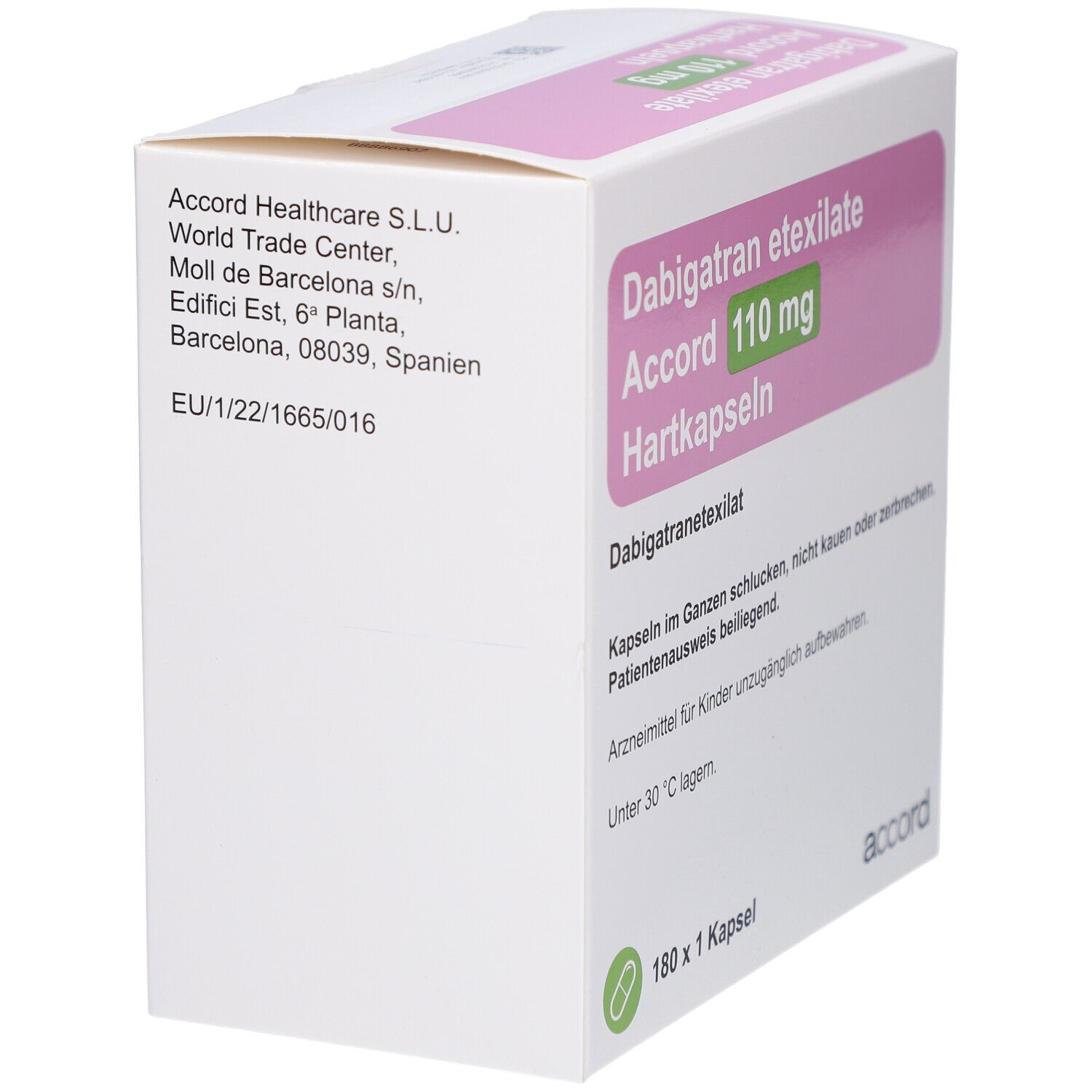 Dabigatran etexilate Accord 110 mg Hartkapseln. Schachtel in Perspektive. Logo Accord und Text.