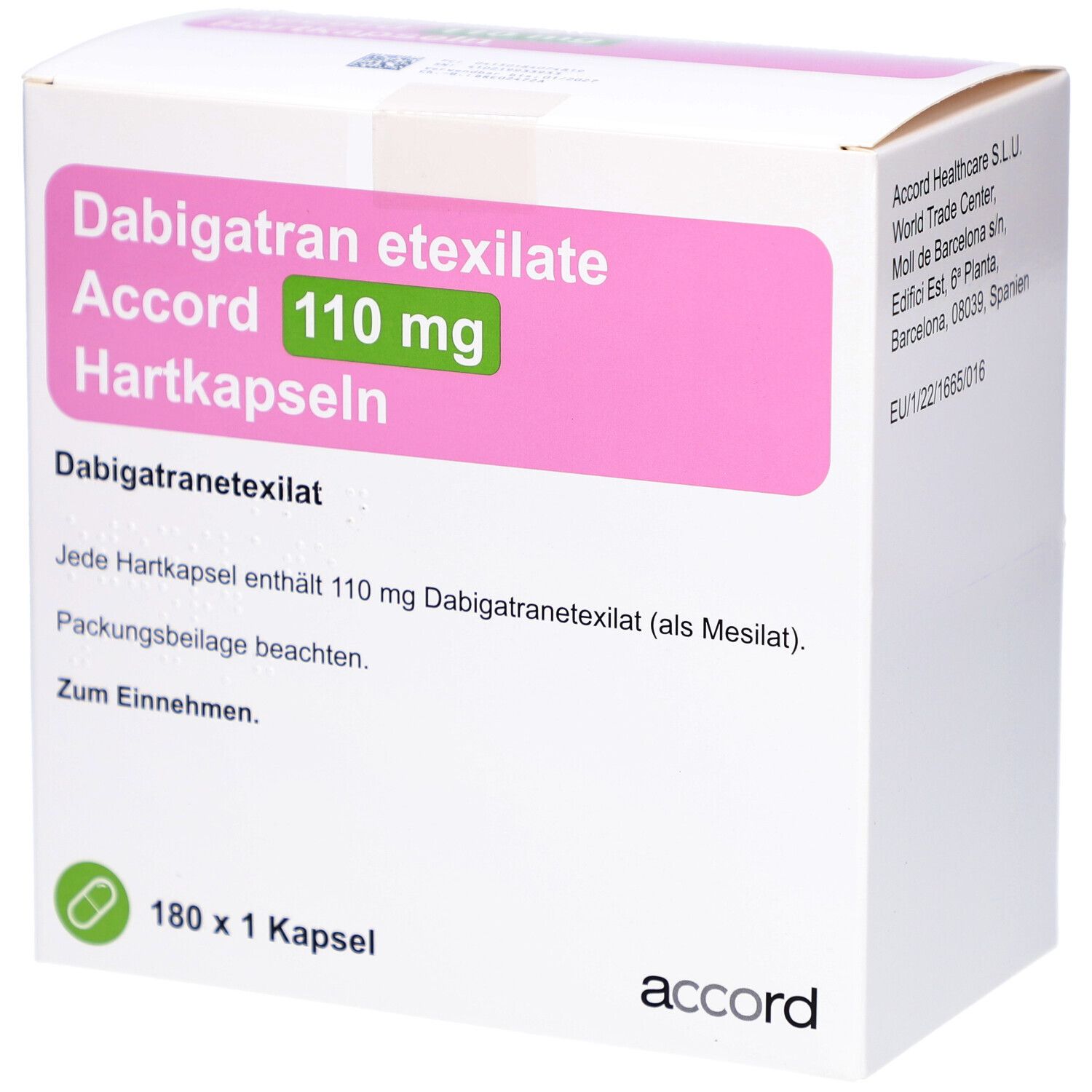 Dabigatran etexilate Accord 110 mg Hartkapseln. Weiße Schachtel mit rosa Akzenten. Logo Accord.