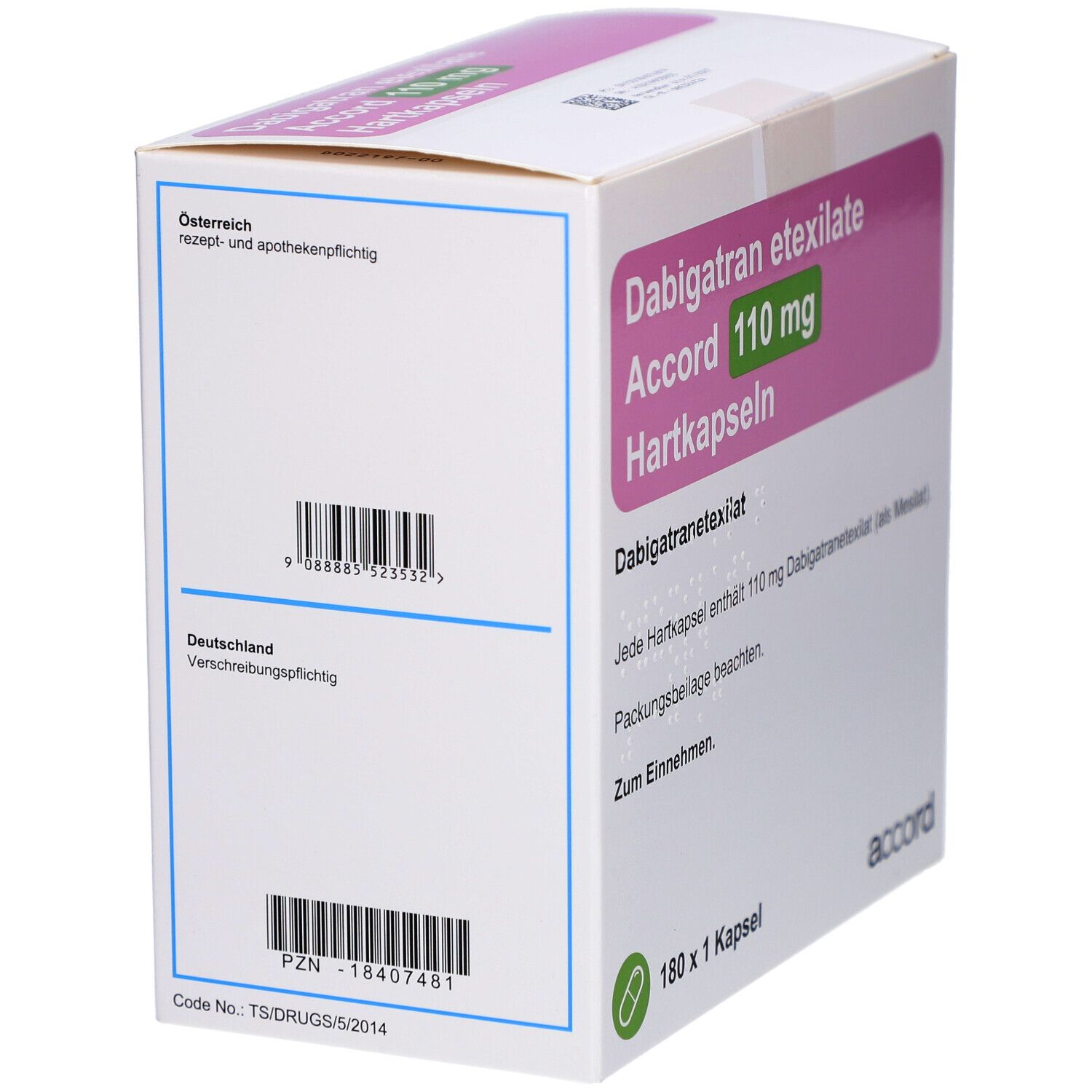 Dabigatran etexilate Accord 110 mg Hartkapseln. Schachtel mit Barcode und Text. Logo Accord.