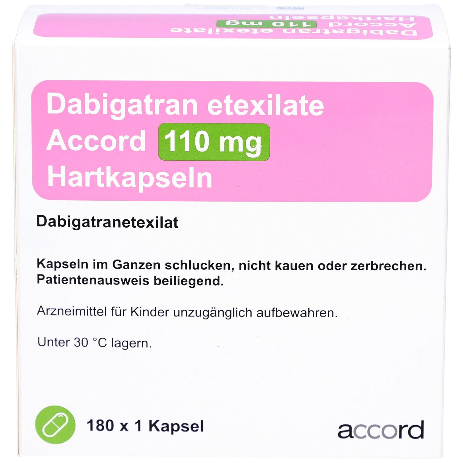 Dabigatran etexilate Accord 110 mg Hartkapseln. Weiße Schachtel mit rosa Akzenten. Logo Accord.