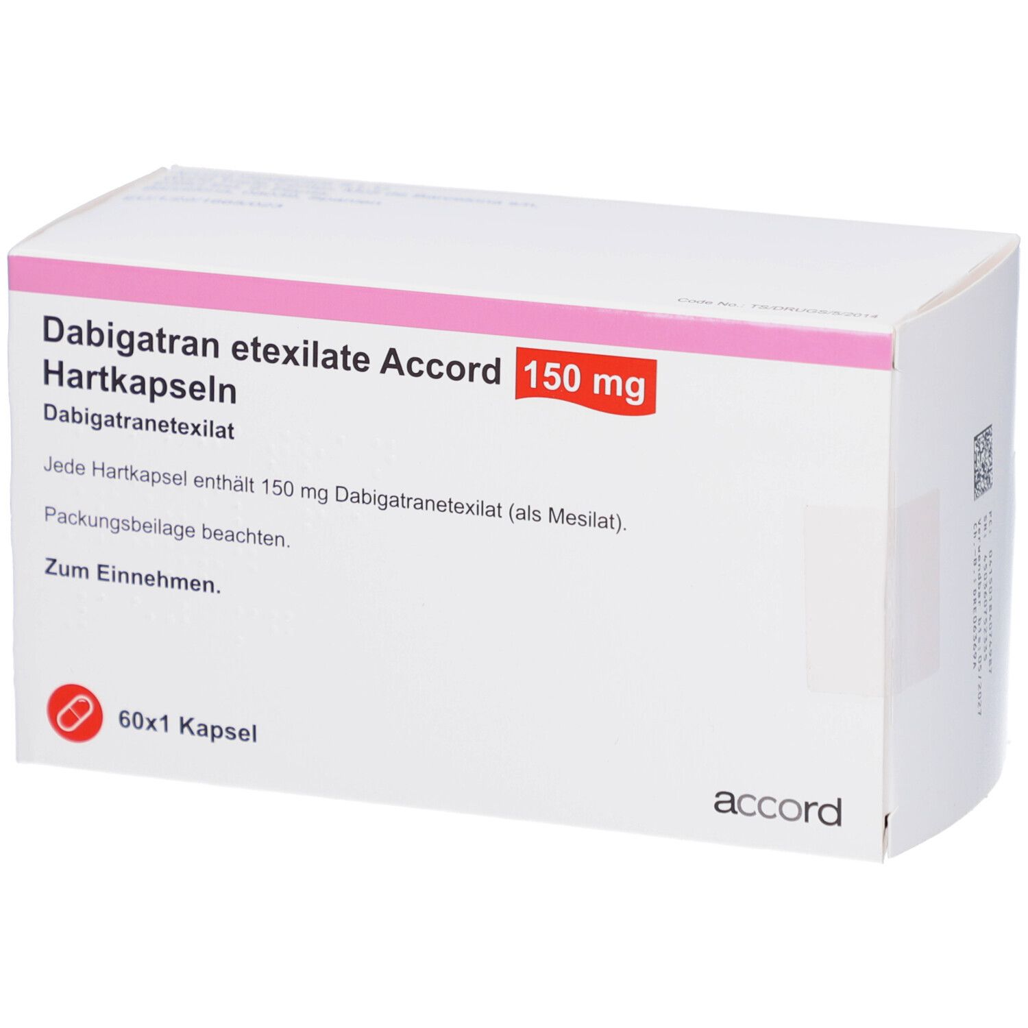Schachtel mit Dabigatran etexilate Accord 150 mg Hartkapseln. Aufschrift: 60x1 Kapsel. Marke: accord.