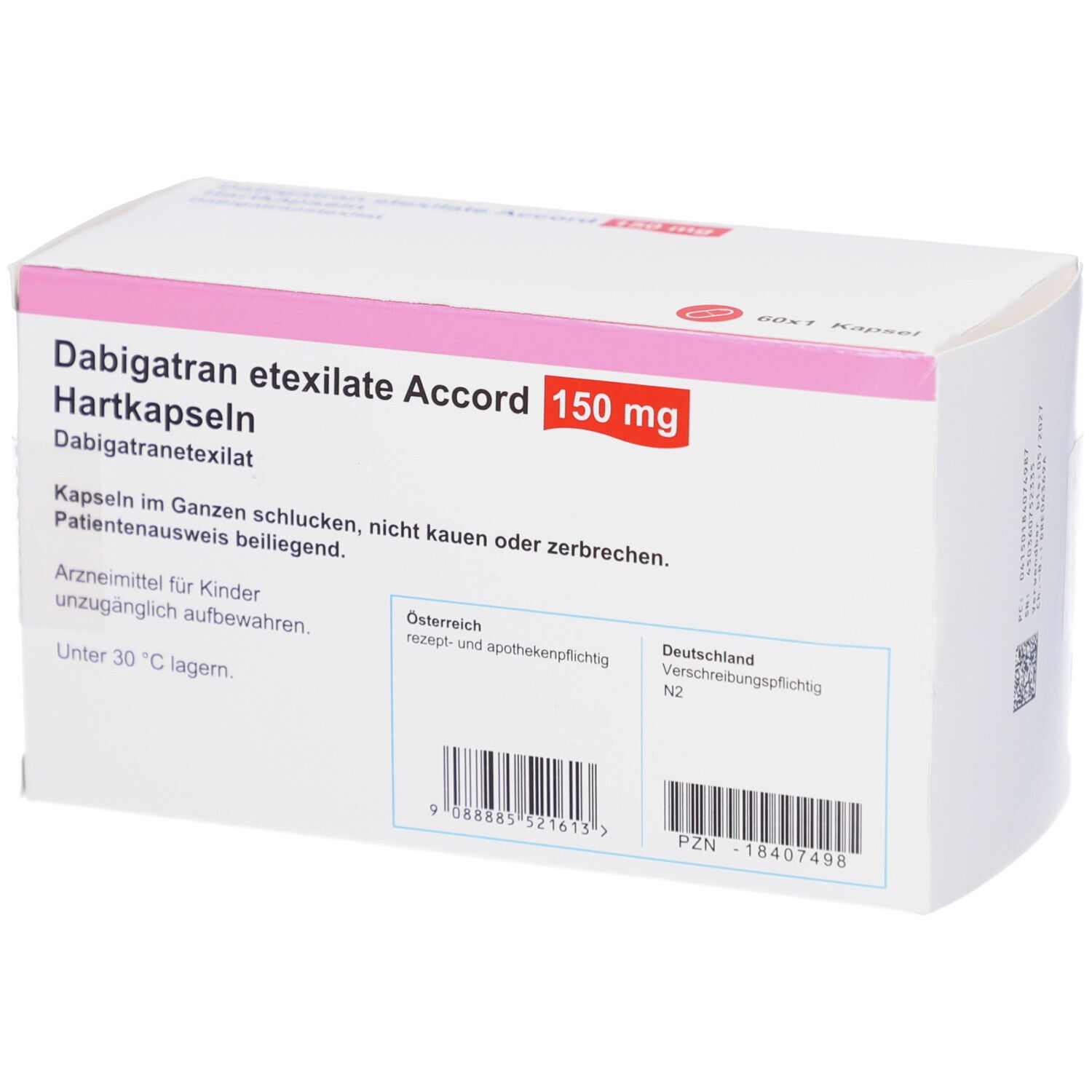 Schachtel mit Dabigatran etexilate Accord 150 mg Hartkapseln. Text und Logo. Rückseite mit Text.