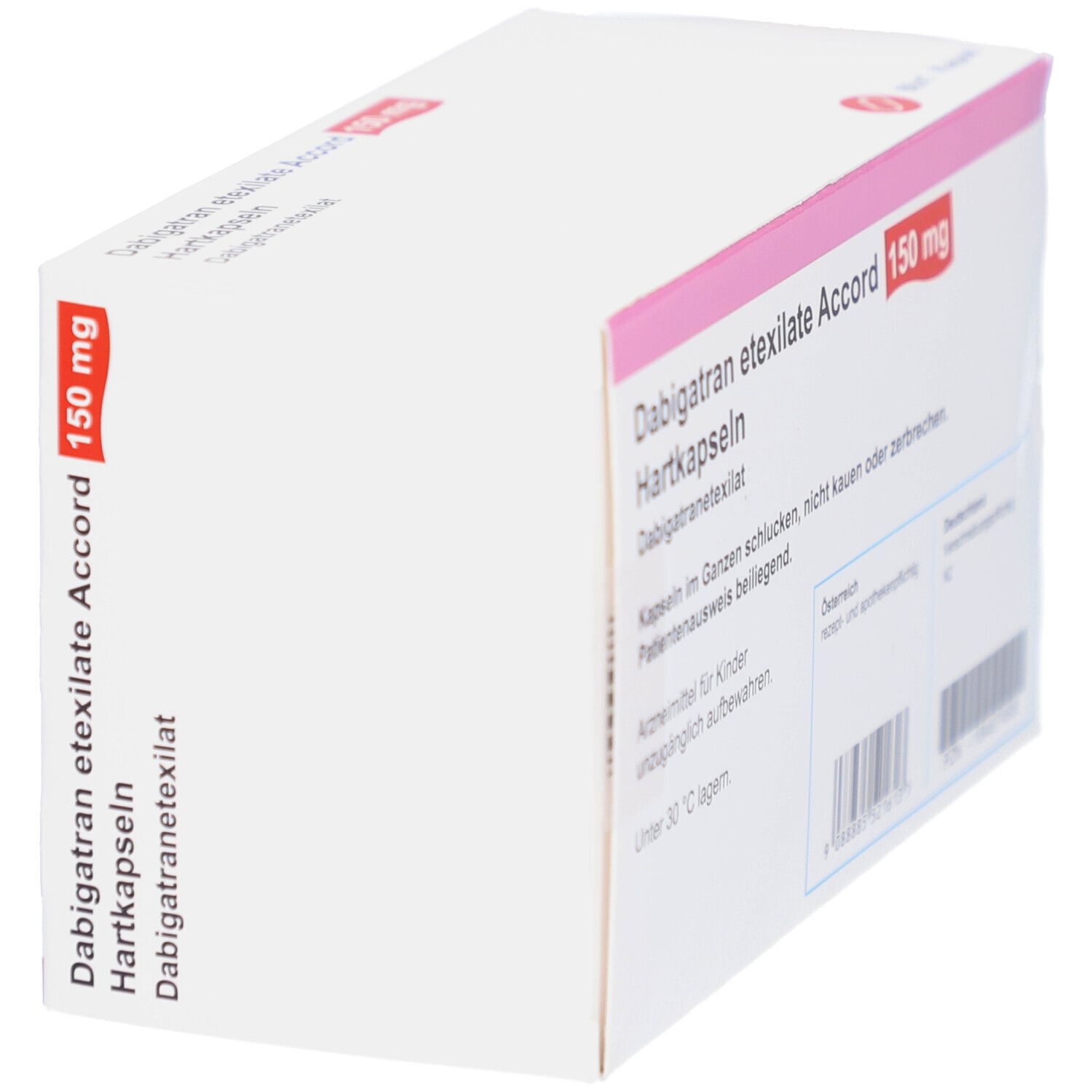 Schachtel mit Dabigatran etexilate Accord 150 mg Hartkapseln. Aufschrift: 60x1 Kapsel. Marke: accord.