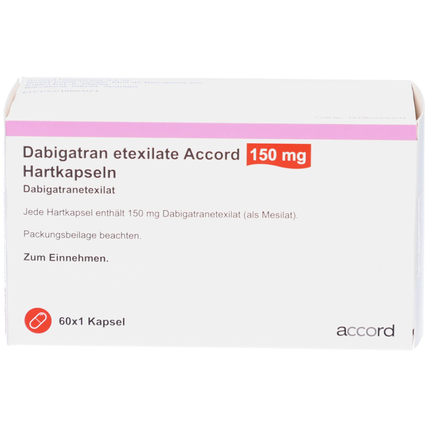 Schachtel mit Dabigatran etexilate Accord 150 mg Hartkapseln. Aufschrift: 60x1 Kapsel. Marke: accord.