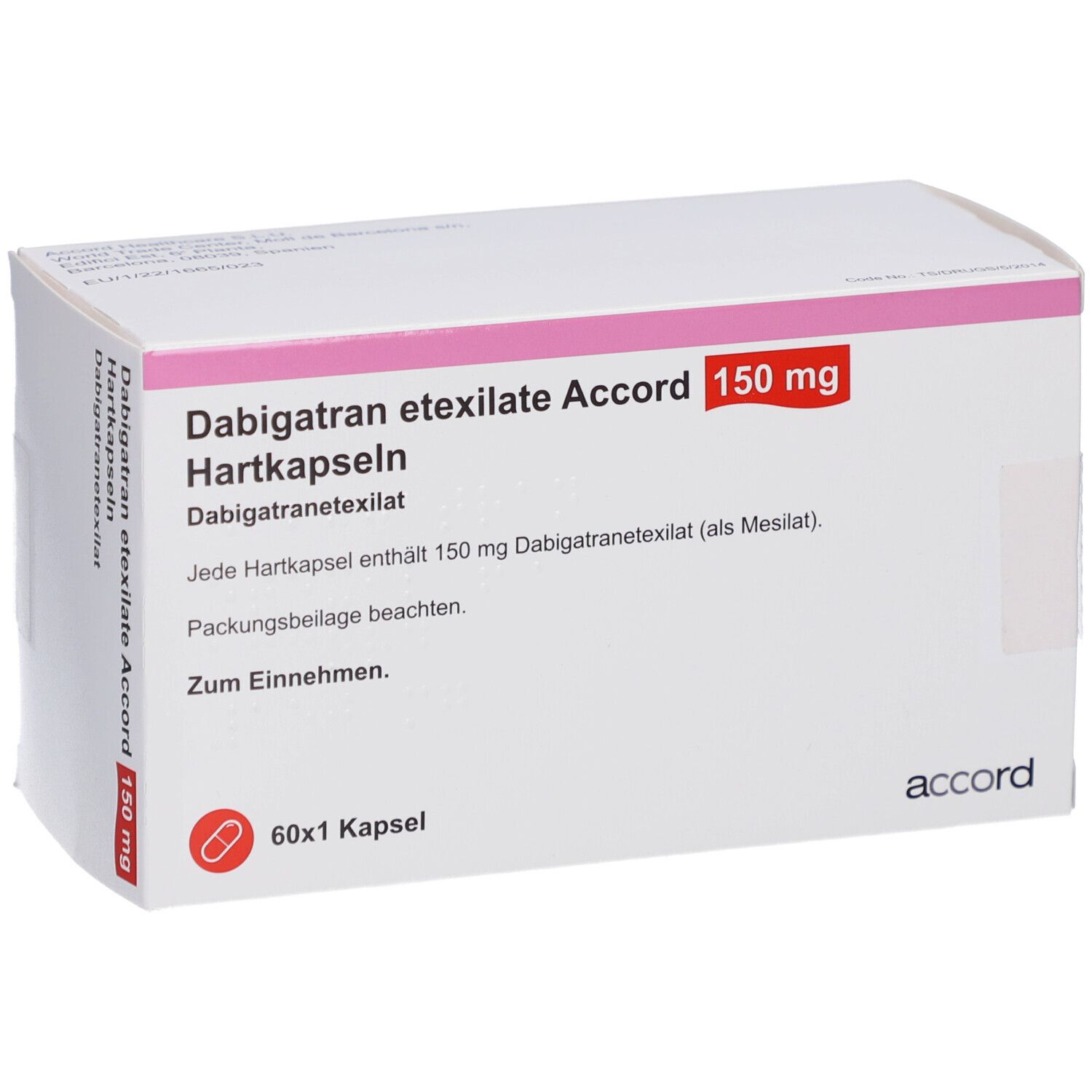 Schachtel mit Dabigatran etexilate Accord 150 mg Hartkapseln. Aufschrift: 60x1 Kapsel. Marke: accord.