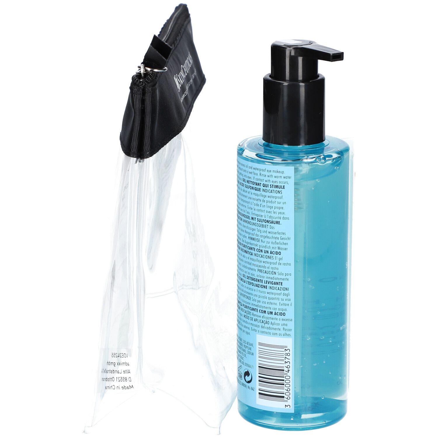Blaues Gel mit Pumpe, transparente Tasche. Aufschrift: SkinCeuticals. Text auf dem Gel.