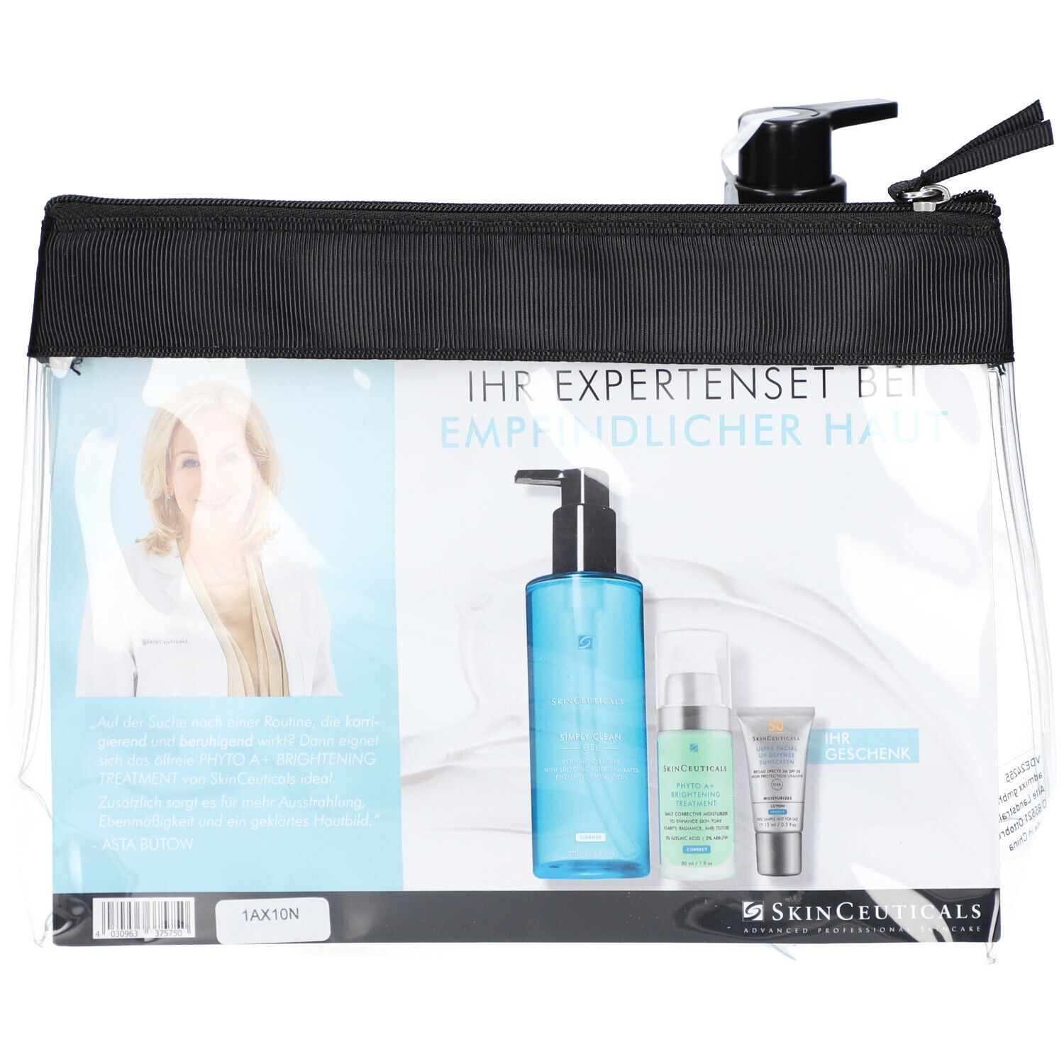 Set in transparentem Beutel mit blauem Gel, Creme und Sonnencreme. Aufschrift: SkinCeuticals.