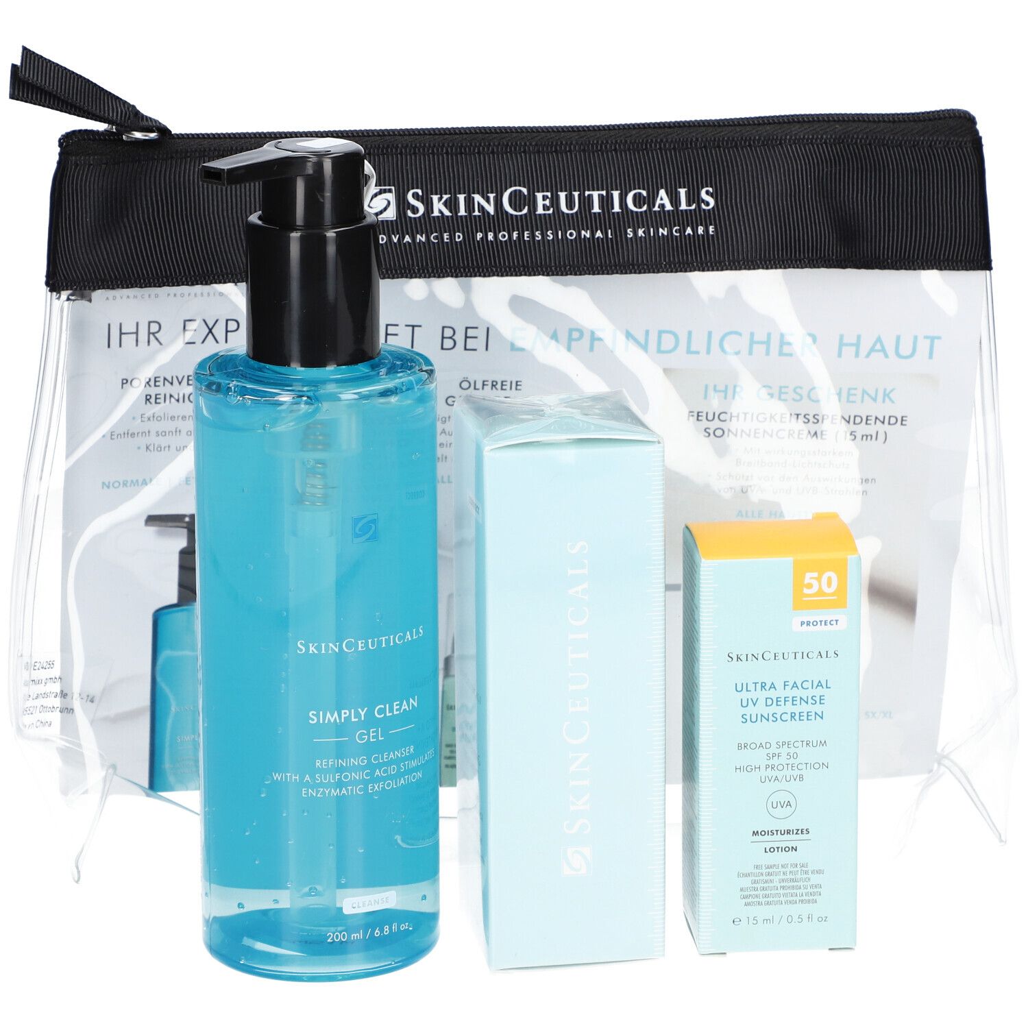 Set mit blauem Gel, Schachtel und Sonnencreme in einer transparenten Tasche. Aufschrift: SkinCeuticals.