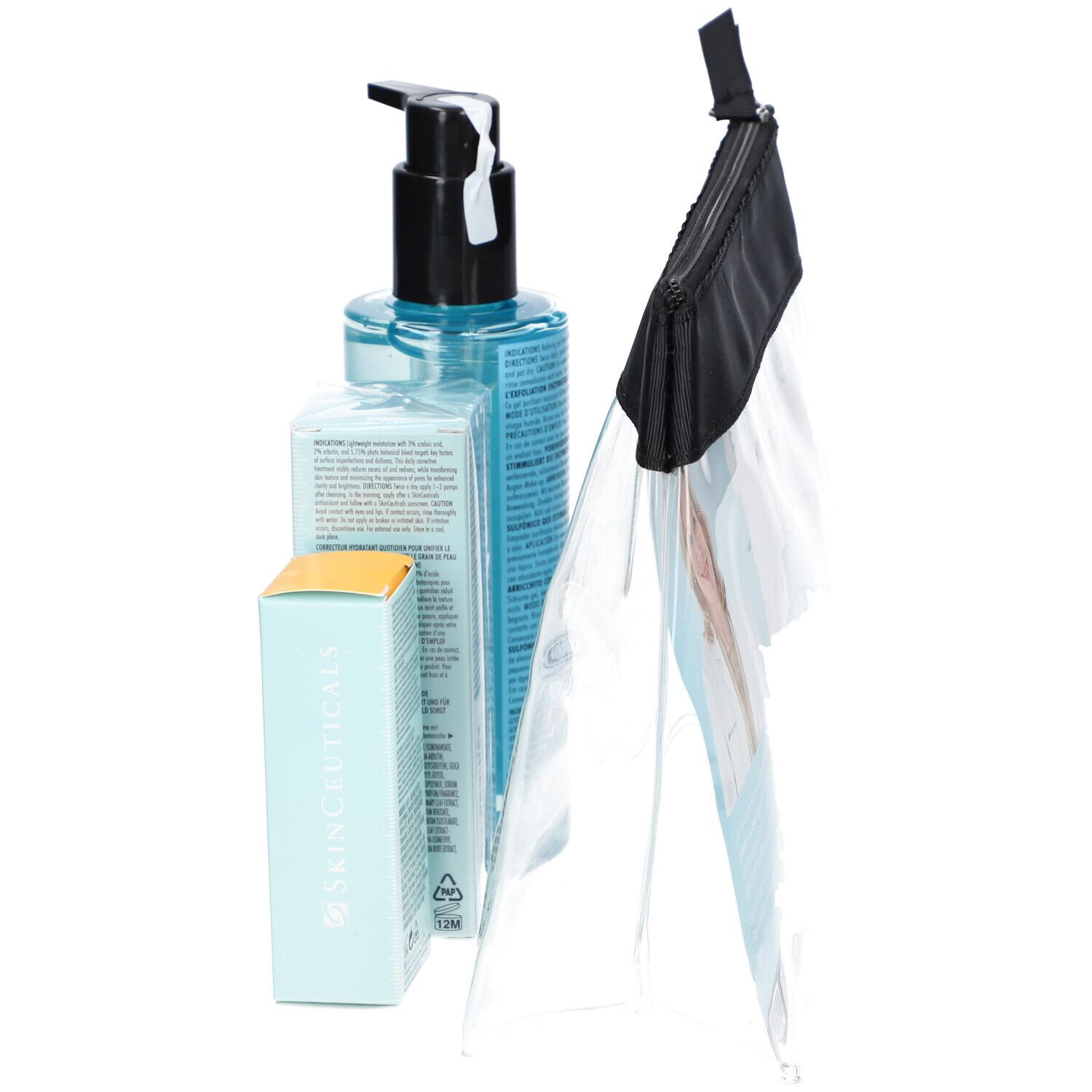 Blaues Gel, Schachtel und transparente Tasche. Aufschrift: SkinCeuticals.