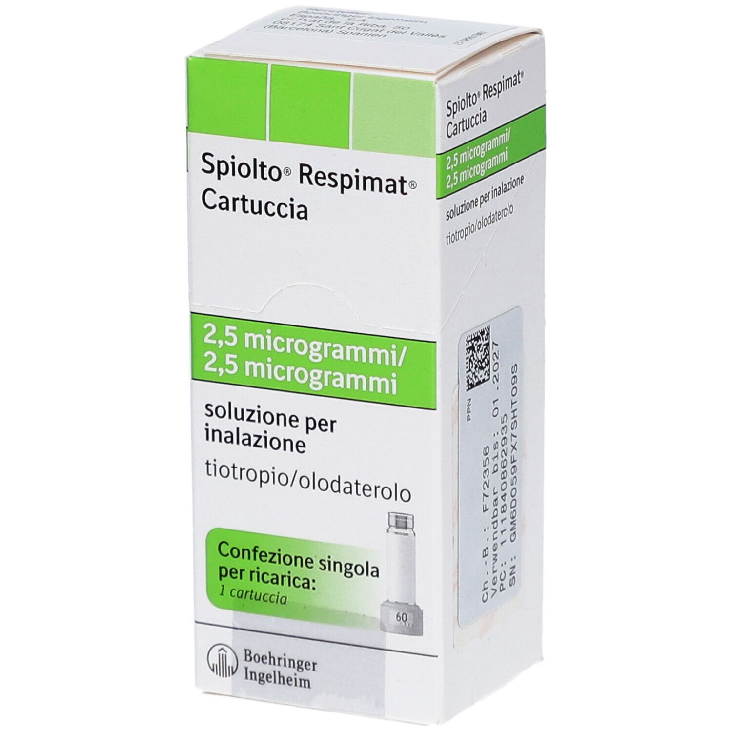 Schachtel mit SPIOLTO Respimat Cartuccia. 2,5 Mikrogramm/2,5 Mikrogramm. Einzel-Nachfüllpackung. Boehringer Ingelheim Logo.