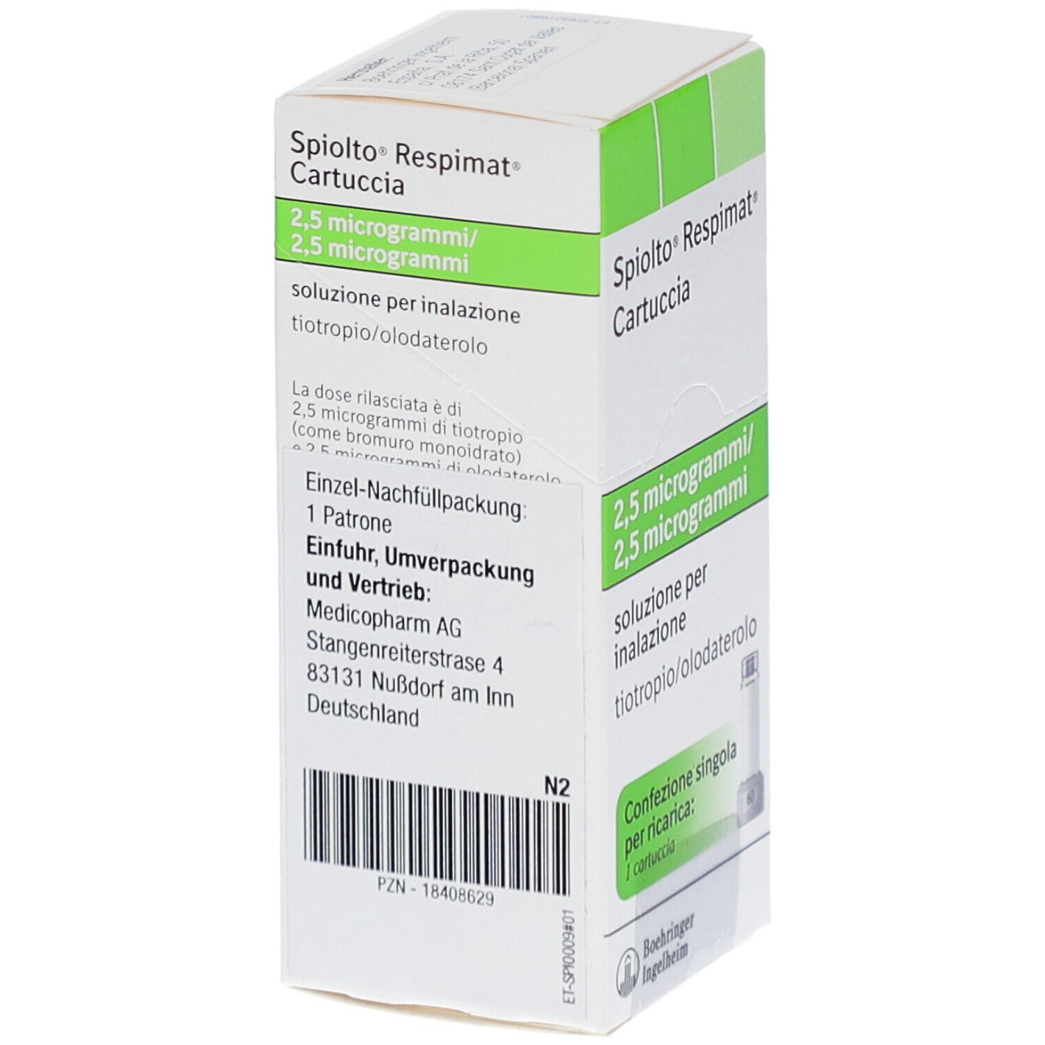 Seitenansicht der SPIOLTO Respimat Cartuccia Schachtel. 2,5 Mikrogramm/2,5 Mikrogramm. Einzel-Nachfüllpackung. Barcode und Text.